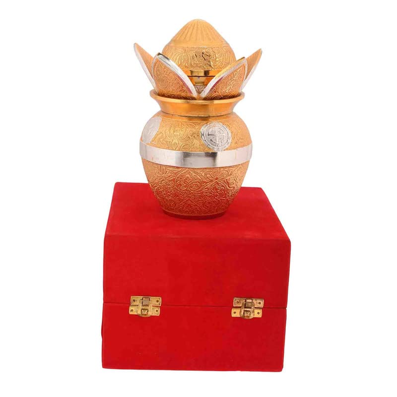 Gold-Silver Plated Pooja Kalash German Silver Kalash for Poojan Home, Temple Use Height 6.5″ Including Royal Looking Red Velvet Box