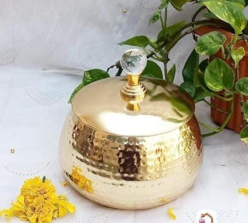 Golden handi Brass Jar with Crystal Knob Elegant Iron Storage for Dry Fruits & Rasgulla, Ideal Center Table Decor Gifting item