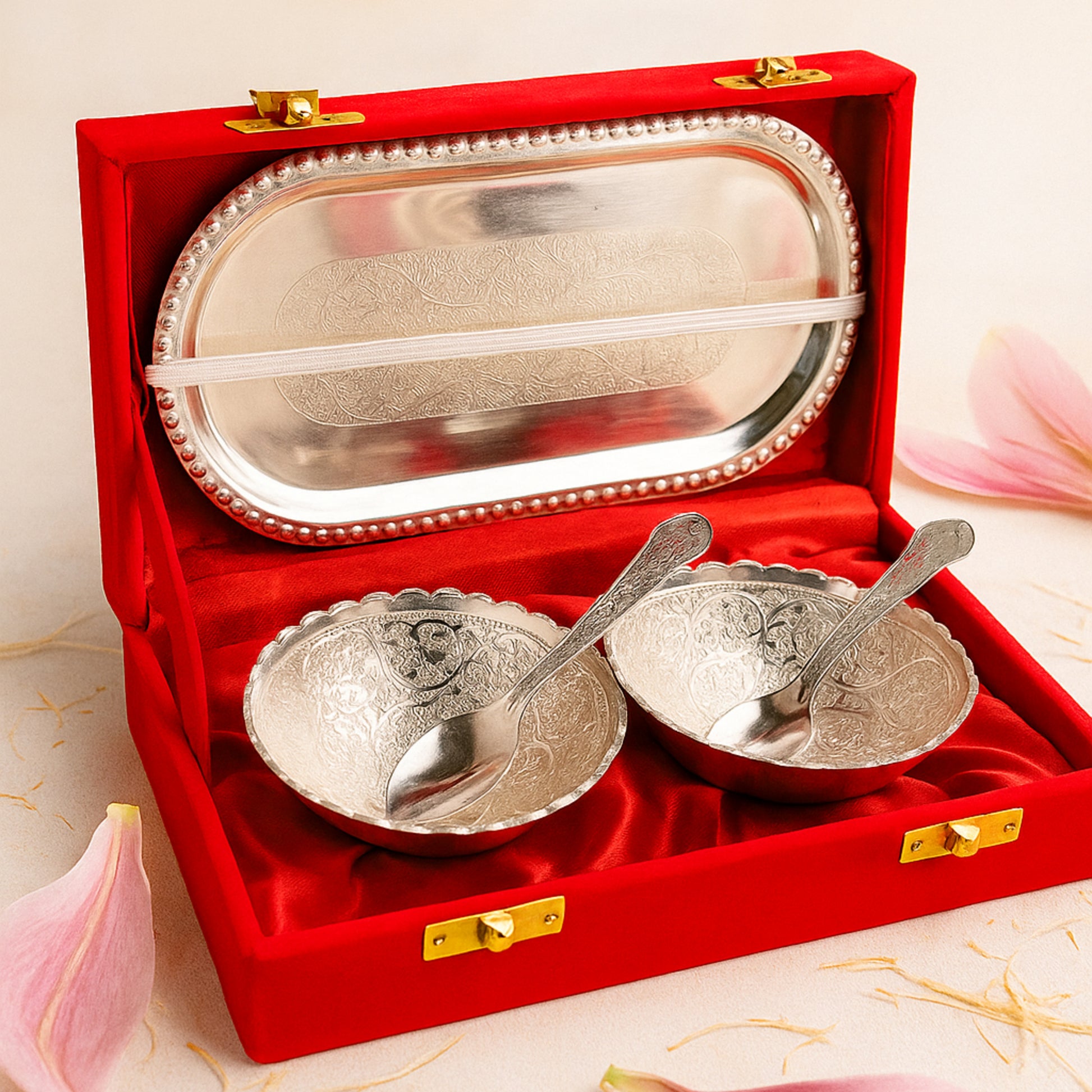 German Silver Bowl Set with Tray in Velvet Gift Box