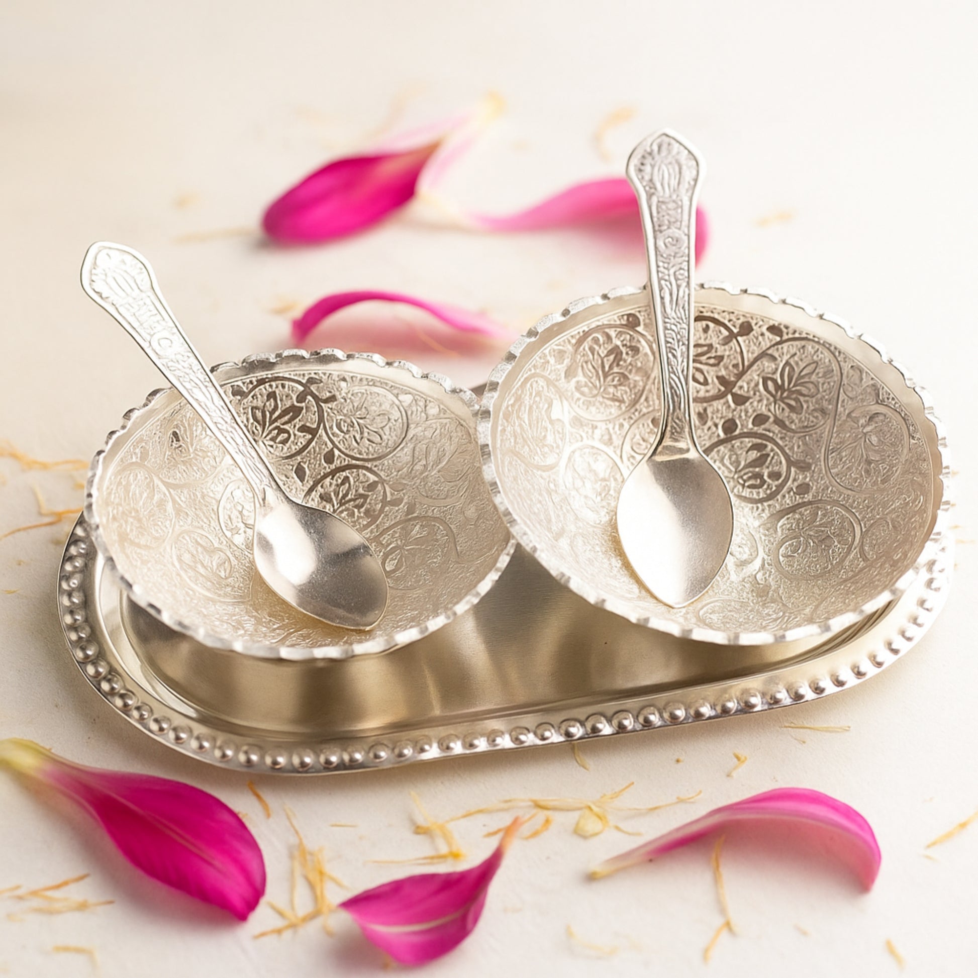Vanika German Silver Bowl Set with Tray in Velvet Gift Box