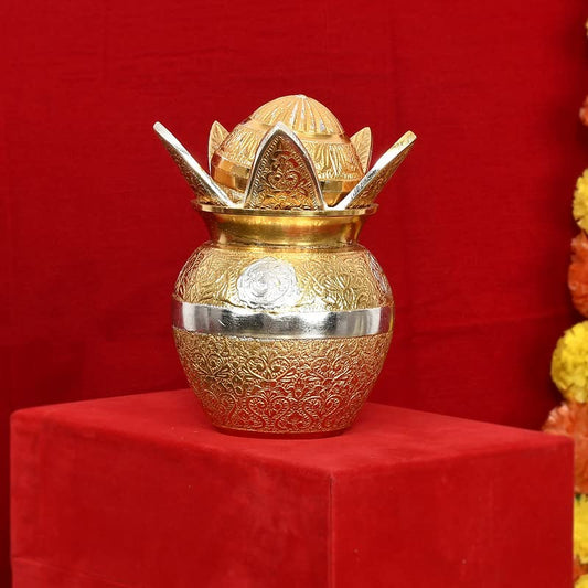 Gold-Silver Plated Pooja Kalash German Silver Kalash for Poojan Home, Temple Use Height 6.5″ Including Royal Looking Red Velvet Box