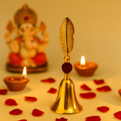 Silver Pooja Bell with Rudraksha &amp; Leaf Handle