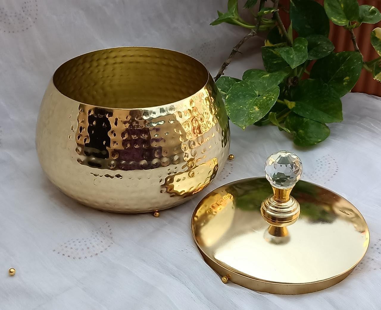 Golden handi Brass Jar with Crystal Knob Elegant Iron Storage for Dry Fruits & Rasgulla, Ideal Center Table Decor Gifting item