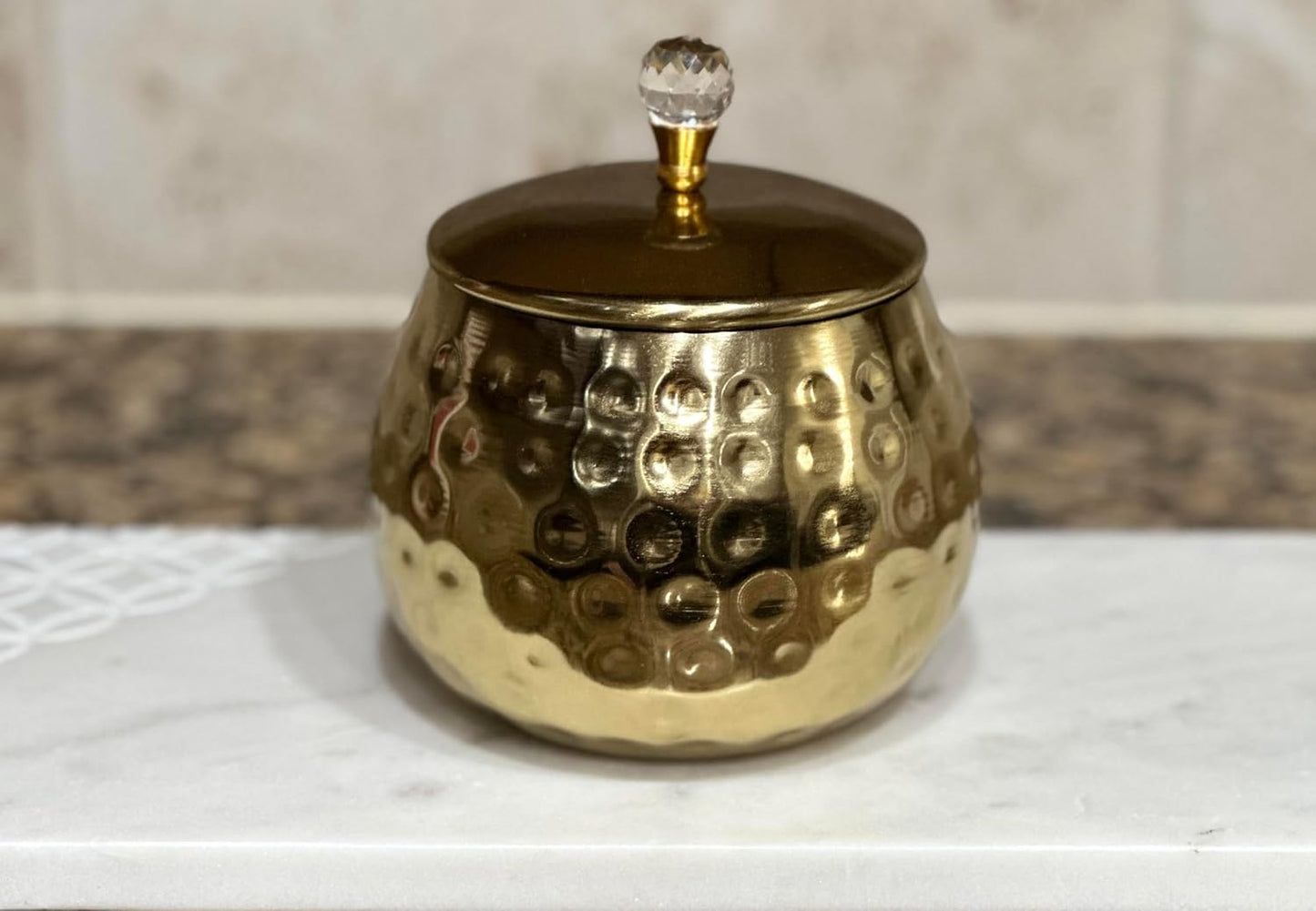 Golden handi Brass Jar with Crystal Knob Elegant Iron Storage for Dry Fruits & Rasgulla, Ideal Center Table Decor Gifting item