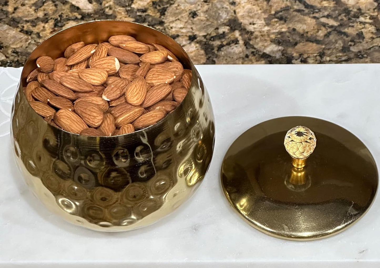 Golden handi Brass Jar with Crystal Knob Elegant Iron Storage for Dry Fruits & Rasgulla, Ideal Center Table Decor Gifting item