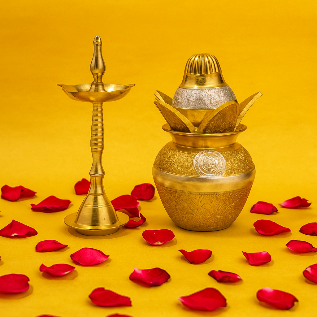 Handcrafted Brass Kalash with Coconut & Leaf Motif – Traditional Pooja Decor - Vanika Store