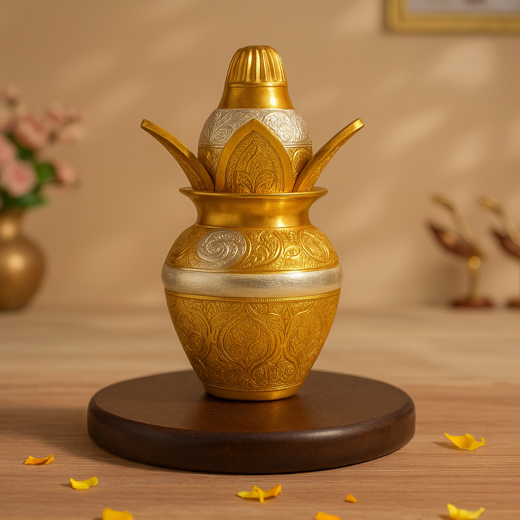 Handcrafted Brass Kalash with Coconut & Leaf Motif – Traditional Pooja Decor - Vanika Store