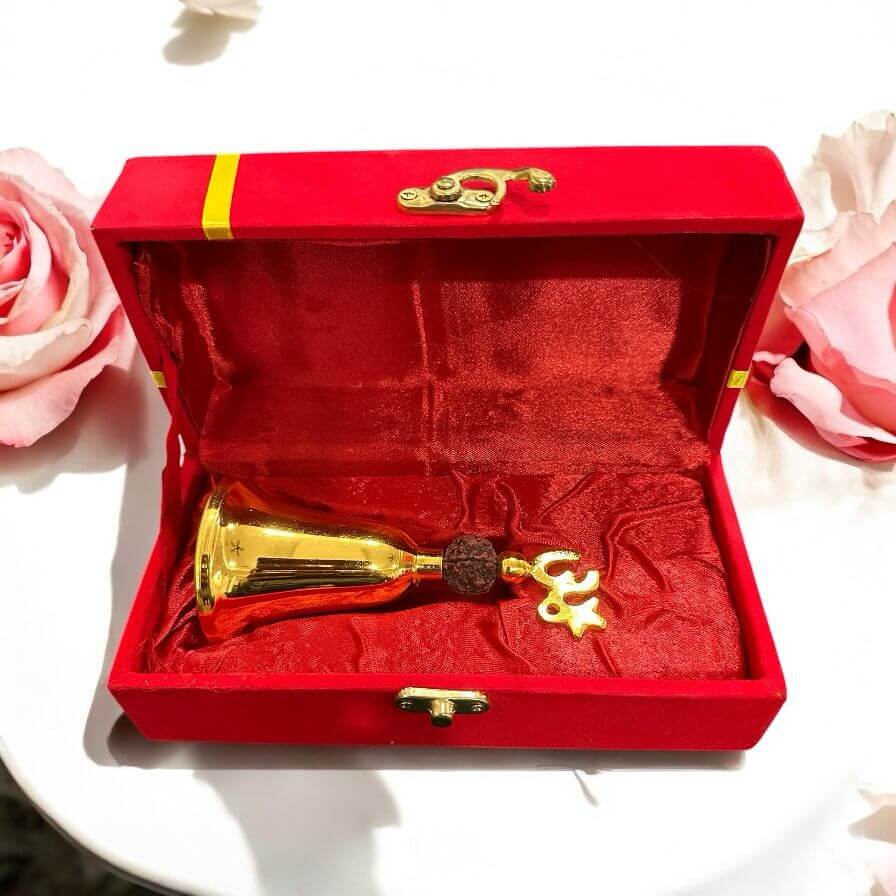 Brass Pooja Ghanti with Om Symbol & Rudraksha – Traditional Hindu Prayer Bell for Temple & Home - Vanika Store