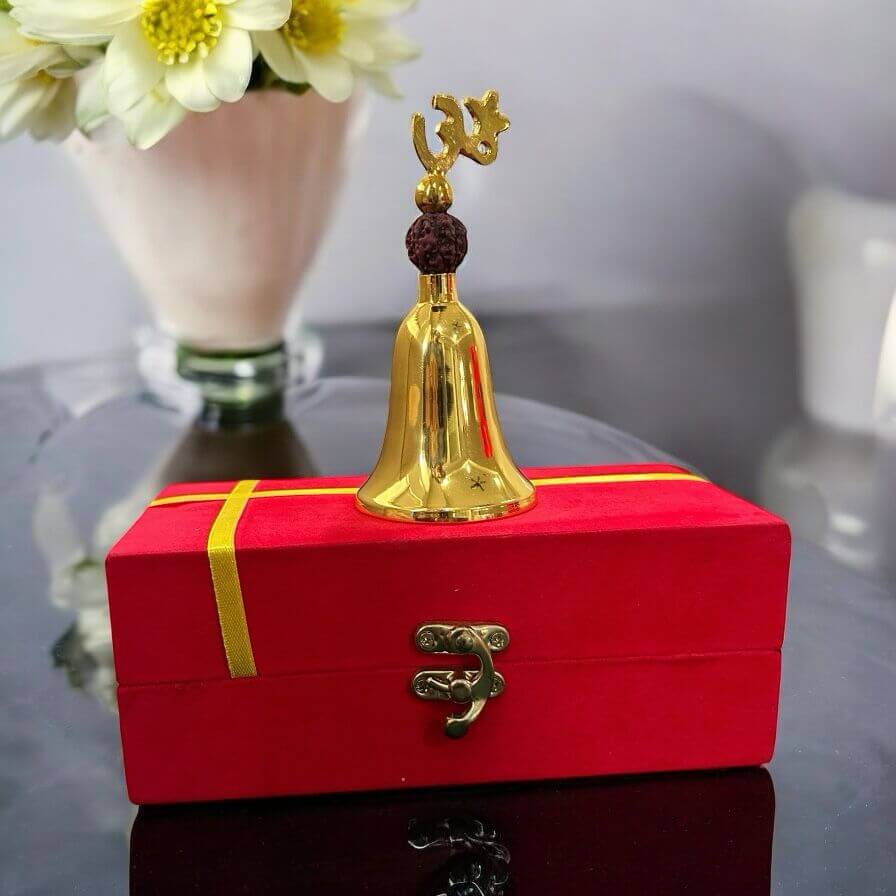Brass Pooja Ghanti with Om Symbol & Rudraksha – Traditional Hindu Prayer Bell for Temple & Home - Vanika Store