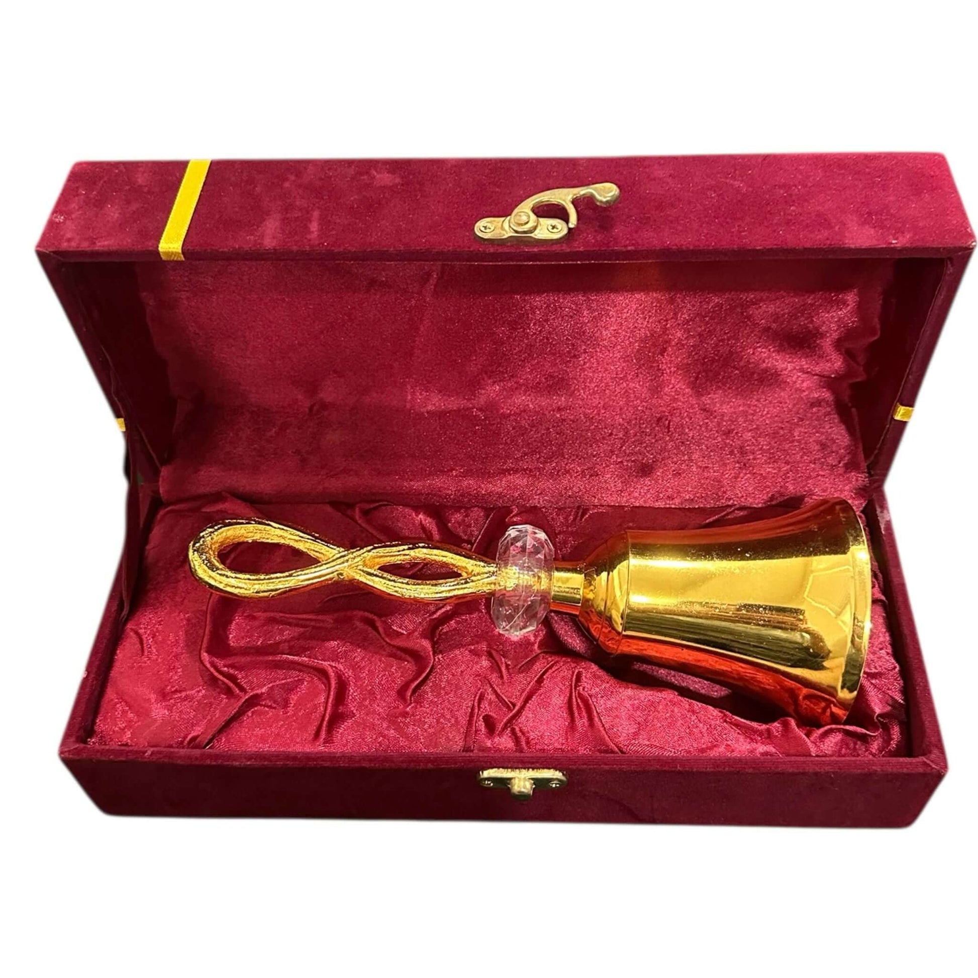 Brass Pooja Bell with Decorative Loop Handle & Crystal Accent – Spiritual Aarti Ghanti for Home Temple - Vanika Store