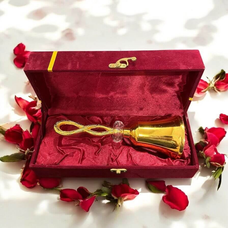 Brass Pooja Bell with Decorative Loop Handle & Crystal Accent – Spiritual Aarti Ghanti for Home Temple - Vanika Store
