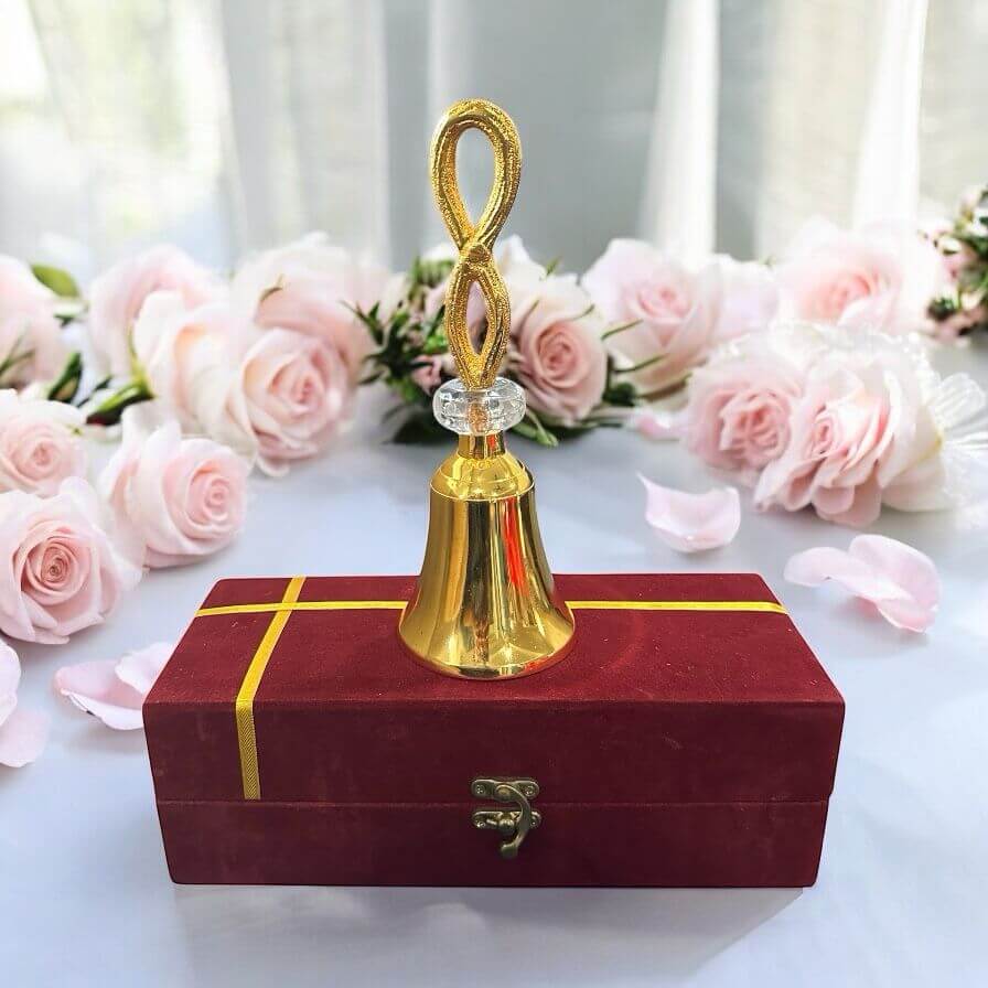 Brass Pooja Bell with Decorative Loop Handle & Crystal Accent – Spiritual Aarti Ghanti for Home Temple - Vanika Store