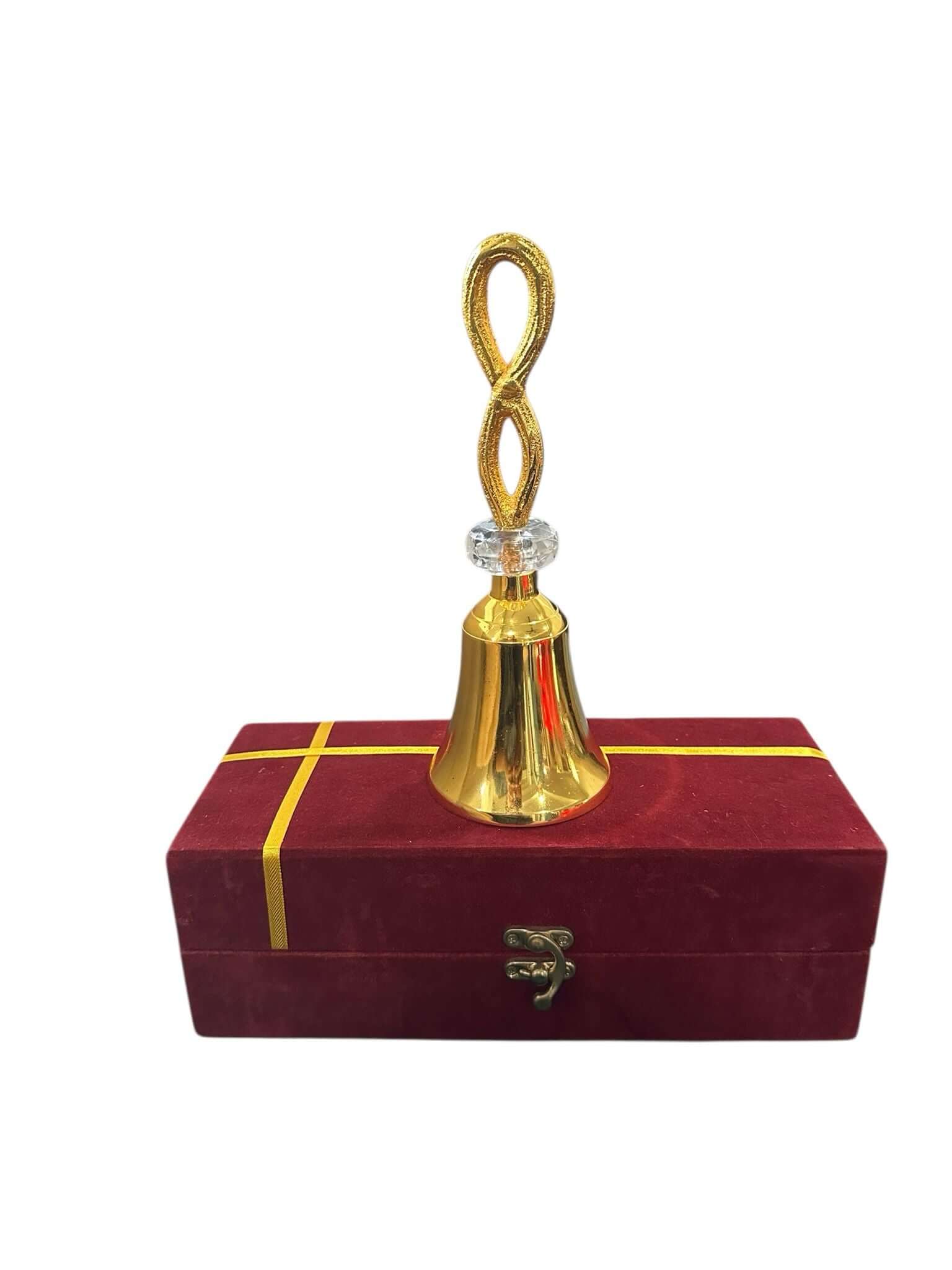 Brass Pooja Bell with Decorative Loop Handle & Crystal Accent – Spiritual Aarti Ghanti for Home Temple - Vanika Store