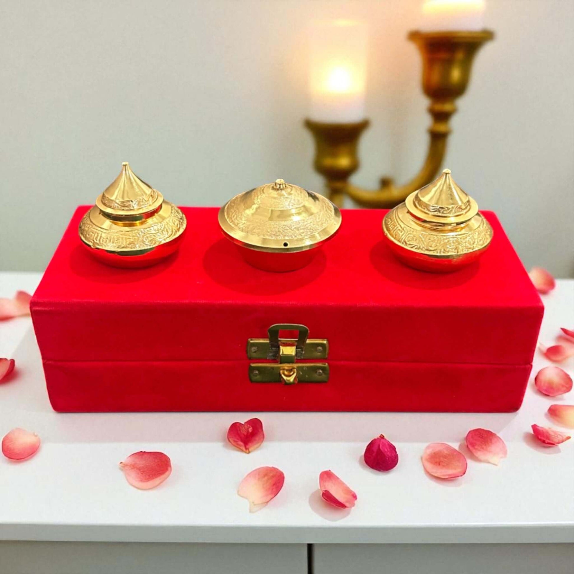 Pure Brass Haldi Kumkum Holder Set with Red Velvet Box – Traditional Pooja Accessory for Festive & Wedding Gifting - Vanika Store