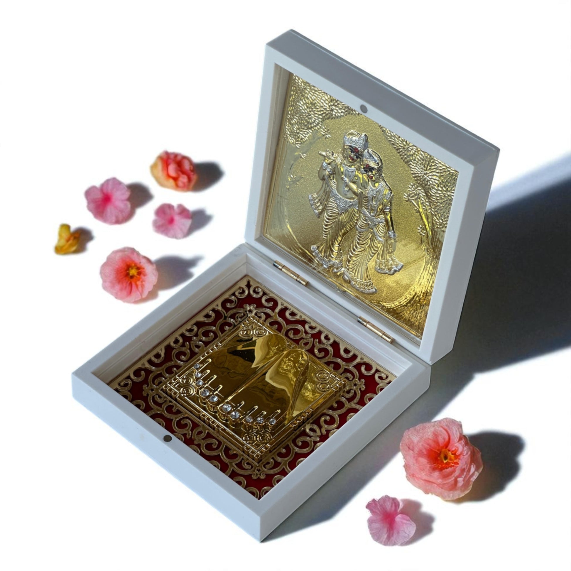 Radha Krishna Charan Paduka – 24K Gold Plated | 4.5” Divine Footprint Gift Box | Pooja Decor | Hindu Spiritual Love & Blessings Symbol - Vanika Store