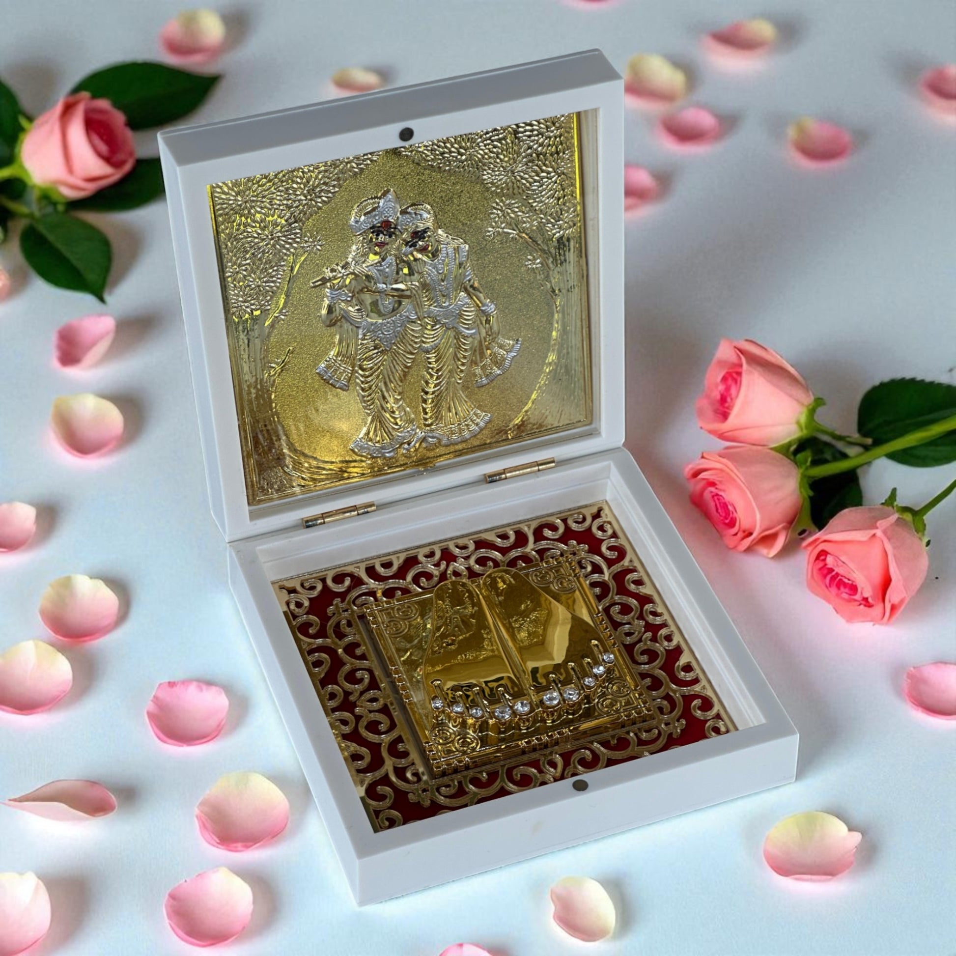 Radha Krishna Charan Paduka – 24K Gold Plated | 4.5” Divine Footprint Gift Box | Pooja Decor | Hindu Spiritual Love & Blessings Symbol - Vanika Store