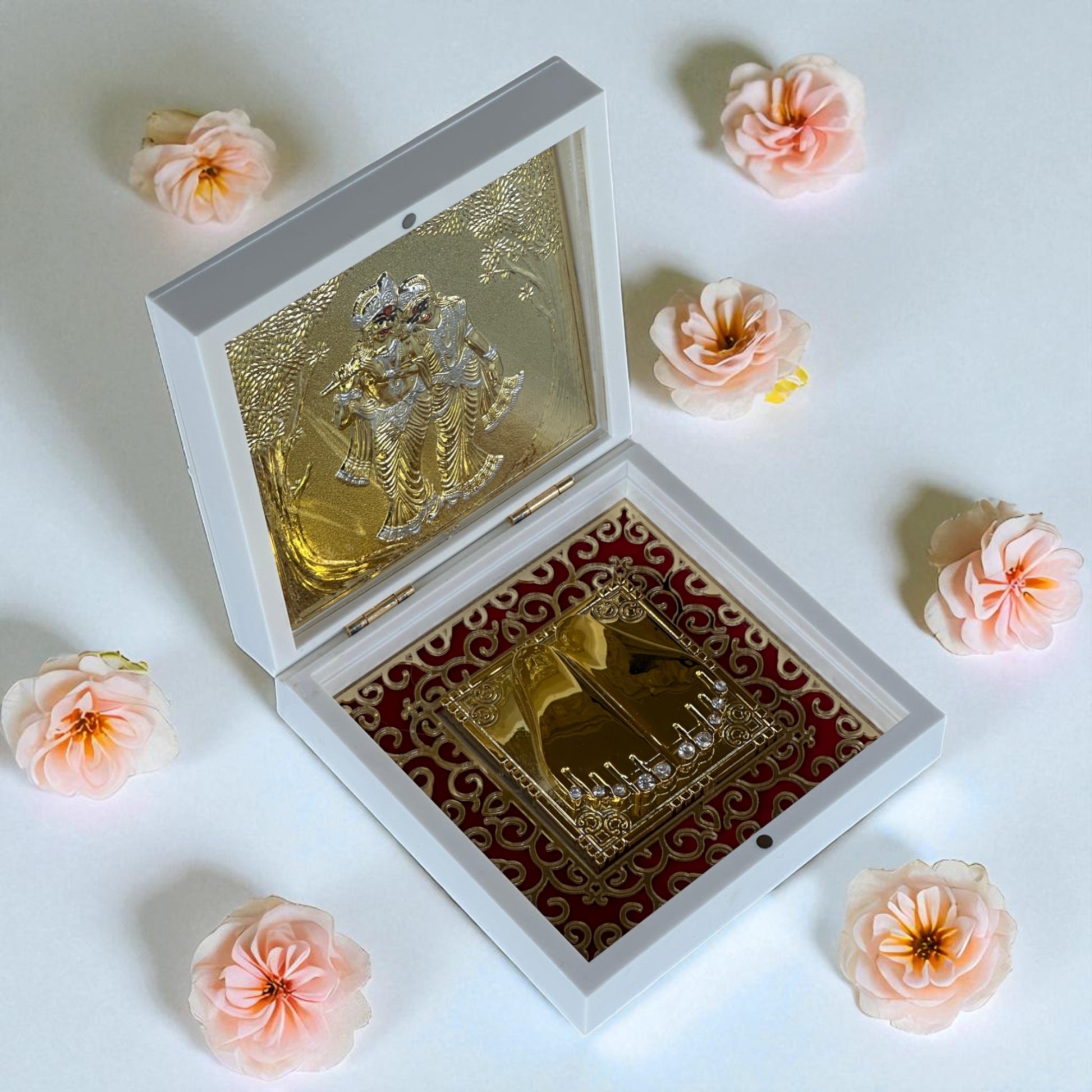 Radha Krishna Charan Paduka – 24K Gold Plated | 4.5” Divine Footprint Gift Box | Pooja Decor | Hindu Spiritual Love & Blessings Symbol - Vanika Store
