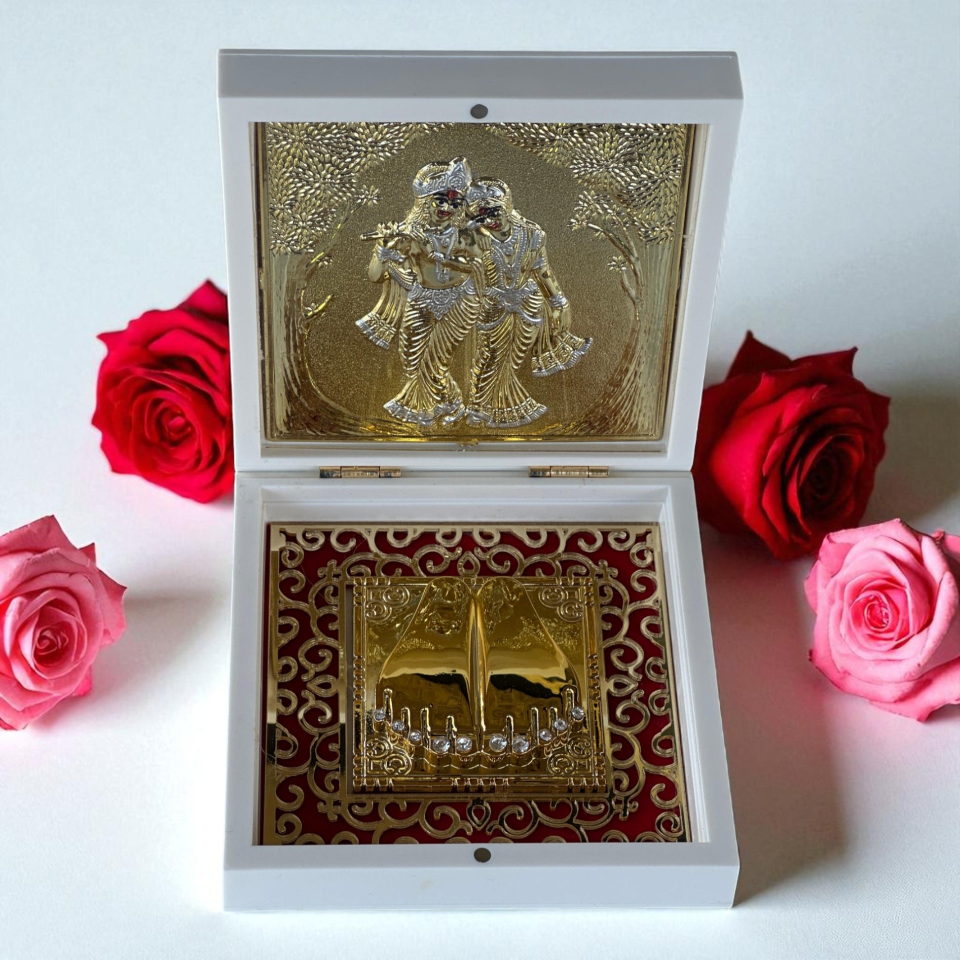 Radha Krishna Charan Paduka – 24K Gold Plated | 4.5” Divine Footprint Gift Box | Pooja Decor | Hindu Spiritual Love & Blessings Symbol - Vanika Store