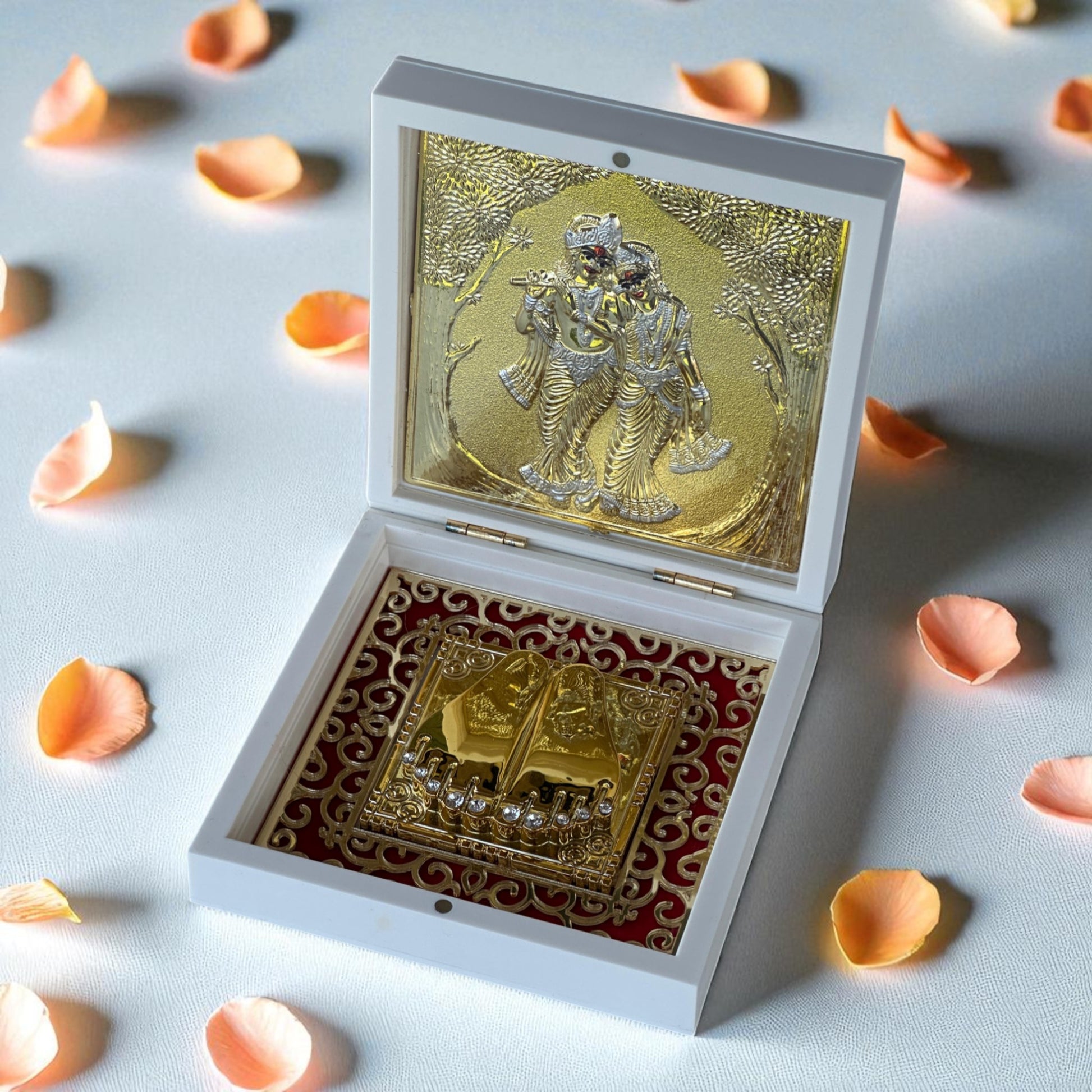 Radha Krishna Charan Paduka – 24K Gold Plated | 4.5” Divine Footprint Gift Box | Pooja Decor | Hindu Spiritual Love & Blessings Symbol - Vanika Store