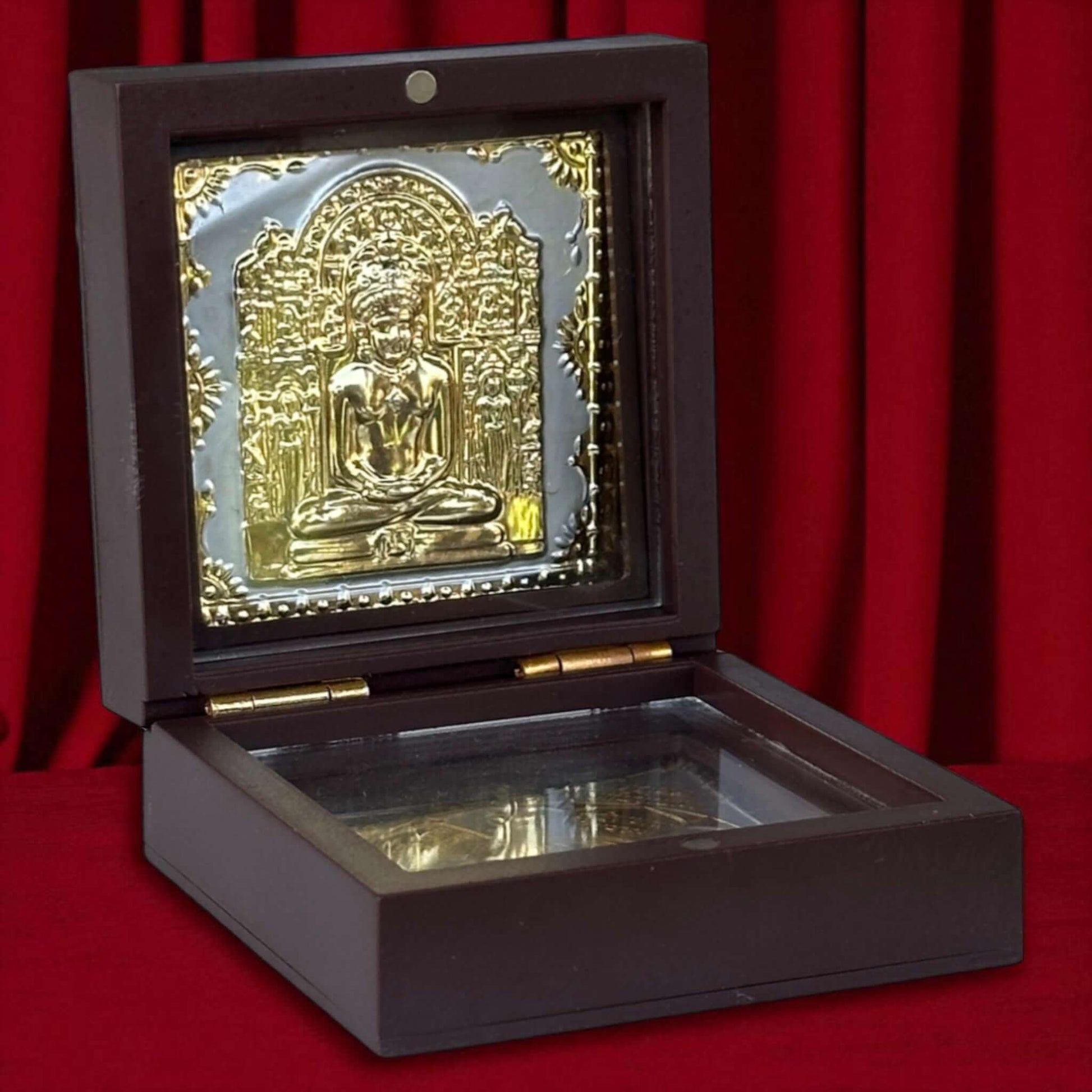 Jain Tirthankar Yantra in polished wooden box with glass, intricately designed and plated in 24K gold and silver.