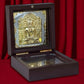 Jain Tirthankar Yantra in polished wooden box with glass, intricately designed and plated in 24K gold and silver.