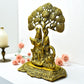 Brass Radha Krishna idol under intricately carved tree, antique finish, perfect for home decor and spiritual gifting.