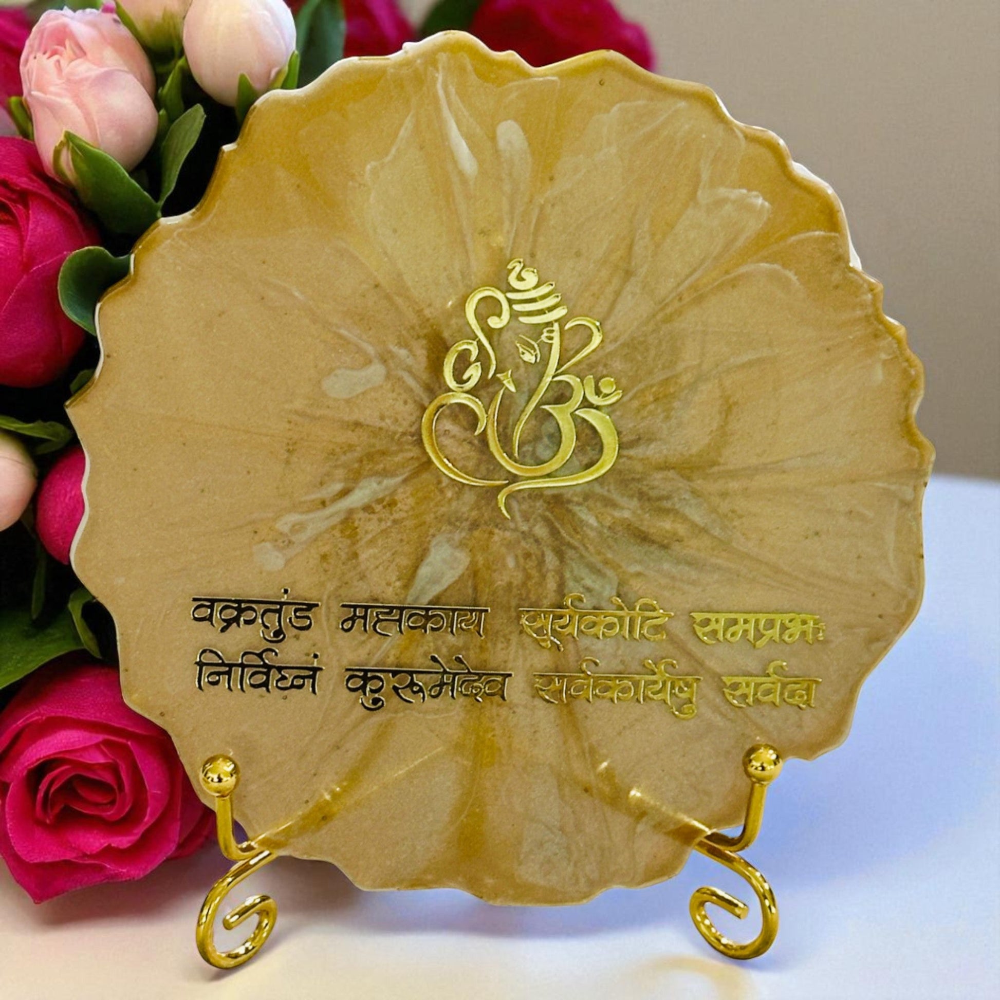 Golden Resin Plate with Stand & Tealight Holder – Decorative Floral Art Gift Set for Home & Festive Decor Vanika Creations