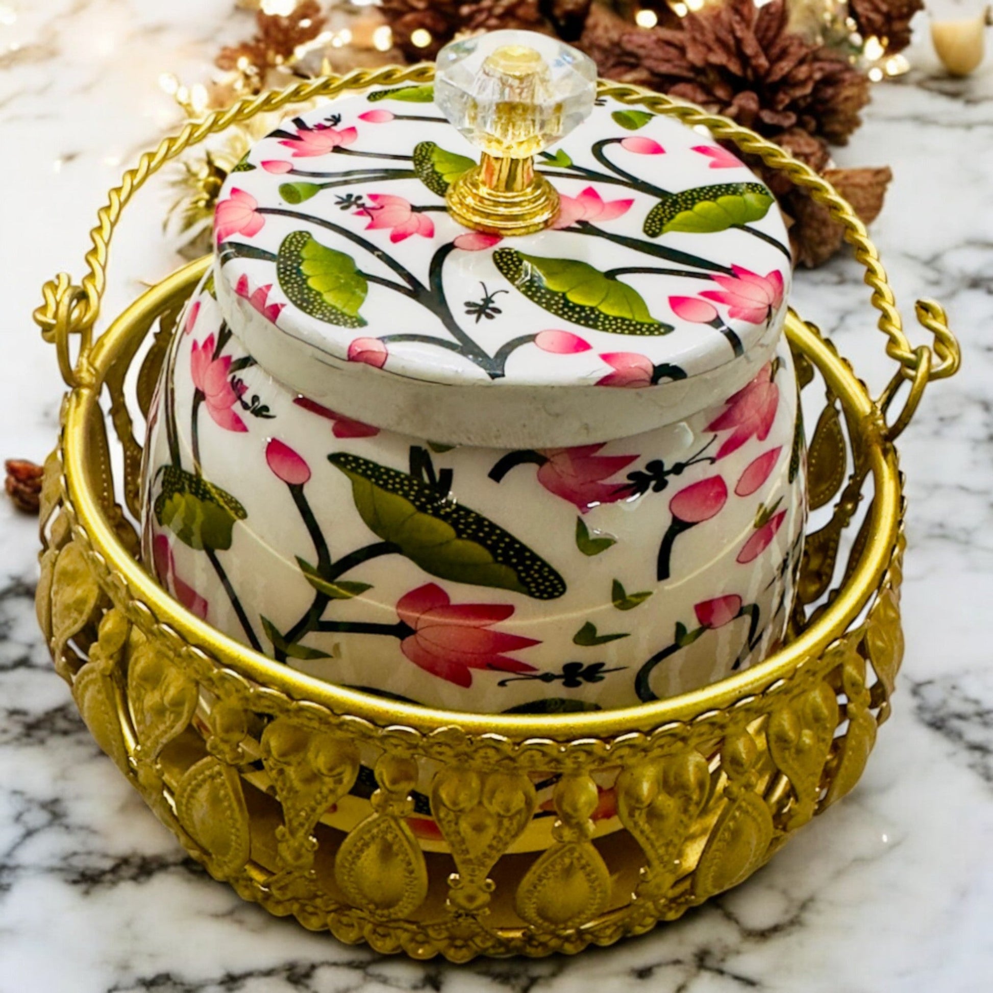 Handmade Pichwai Jar with Golden Basket | Hand-Painted Storage Jar Vanika Store