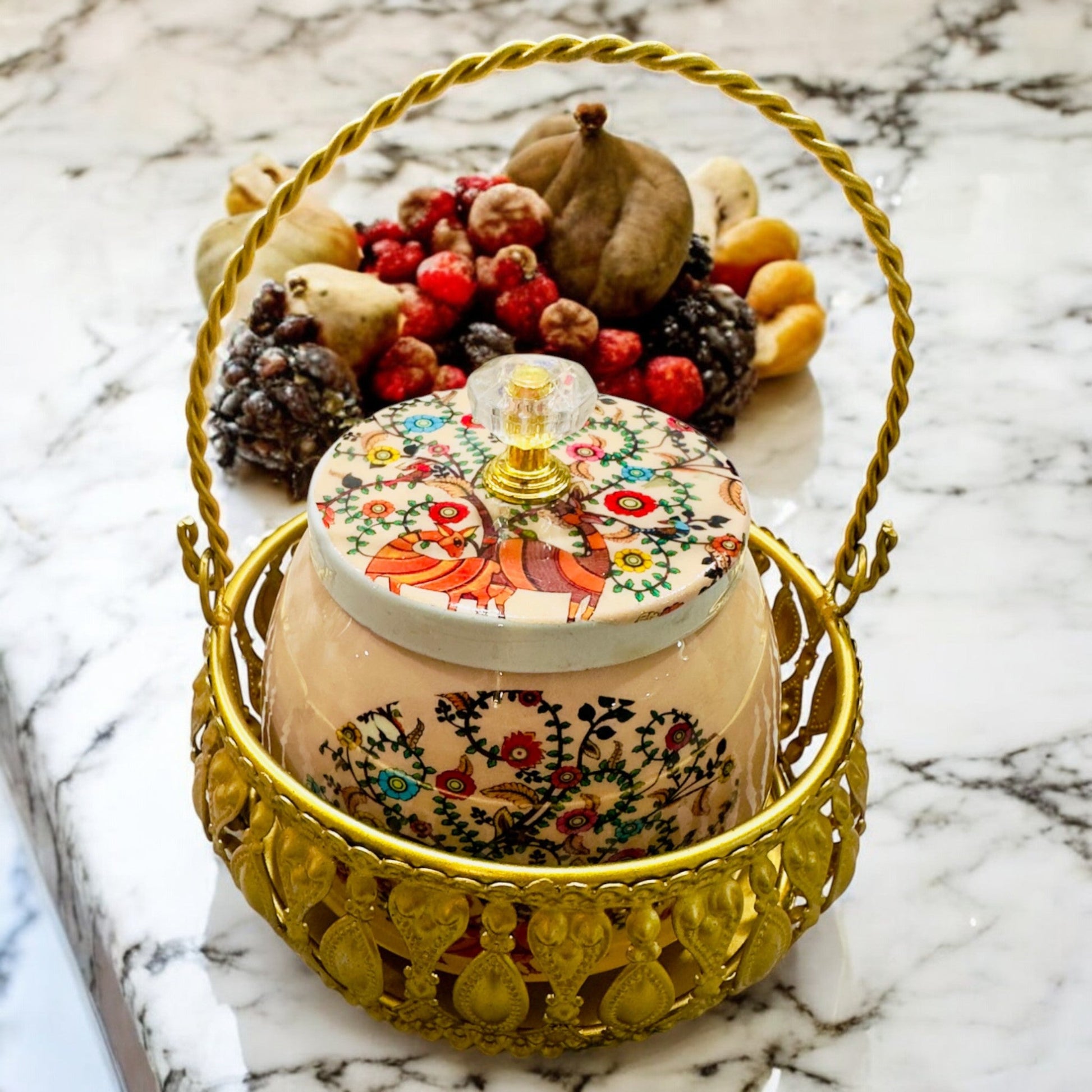 Handmade Pichwai Jar with Golden Basket | Hand-Painted Storage Jar Vanika Store