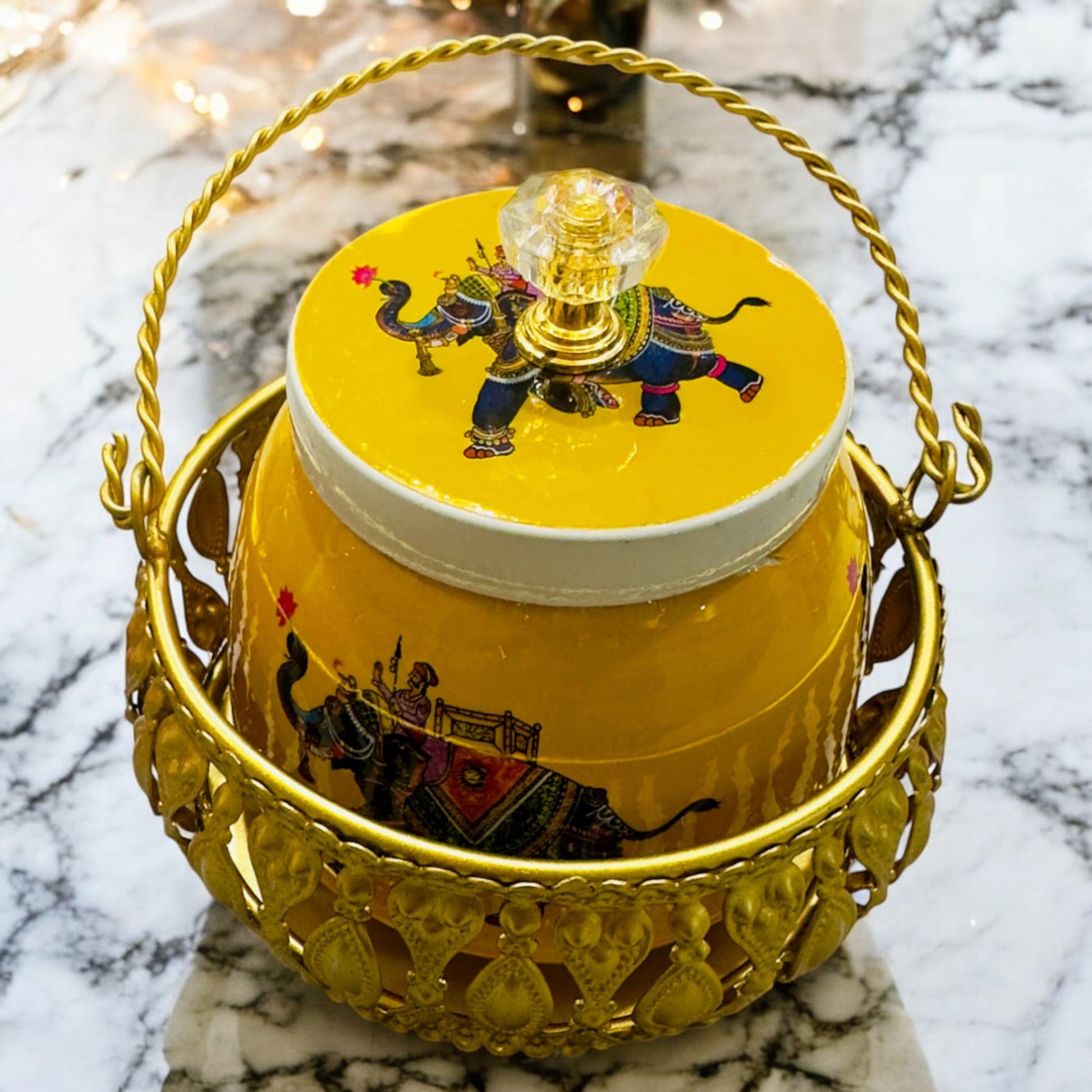 Handmade Pichwai Jar with Golden Basket | Hand-Painted Storage Jar Vanika Store