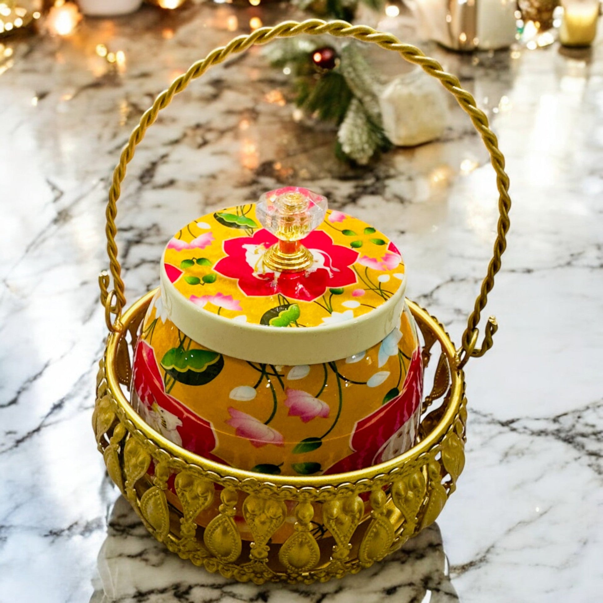Handmade Pichwai Jar with Golden Basket | Hand-Painted Storage Jar Vanika Store