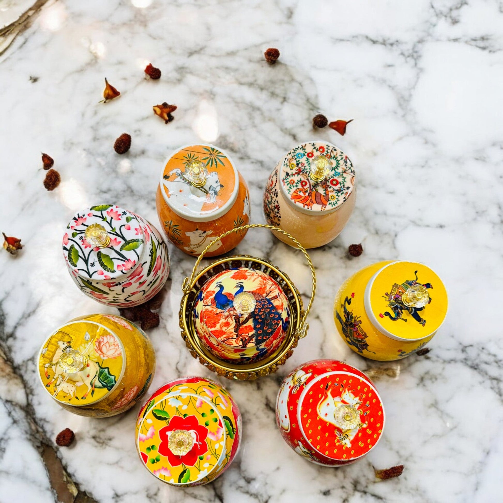 Handmade Pichwai Jar with Golden Basket | Hand-Painted Storage Jar Vanika Store