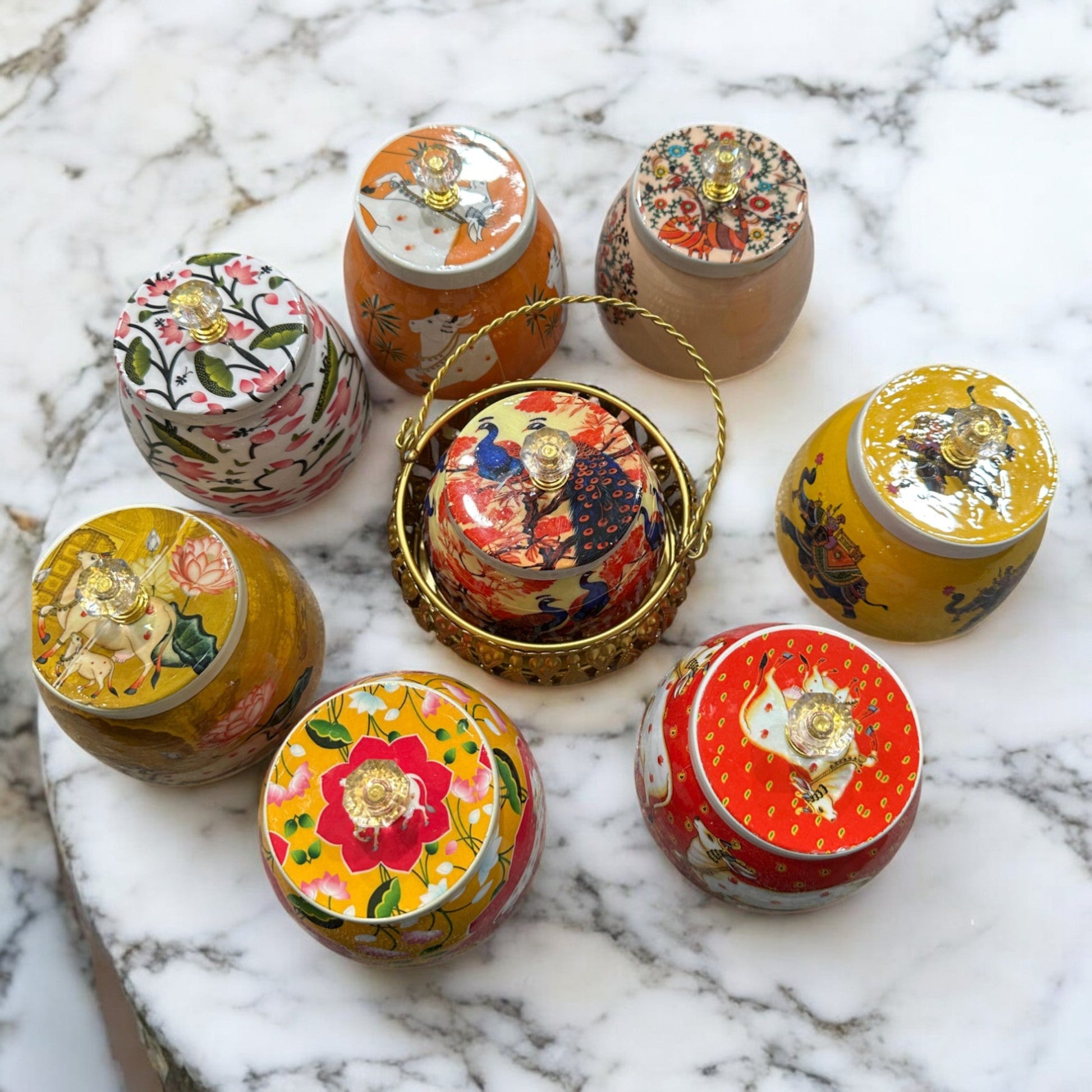 Handmade Pichwai Jar with Golden Basket | Hand-Painted Storage Jar Vanika Store