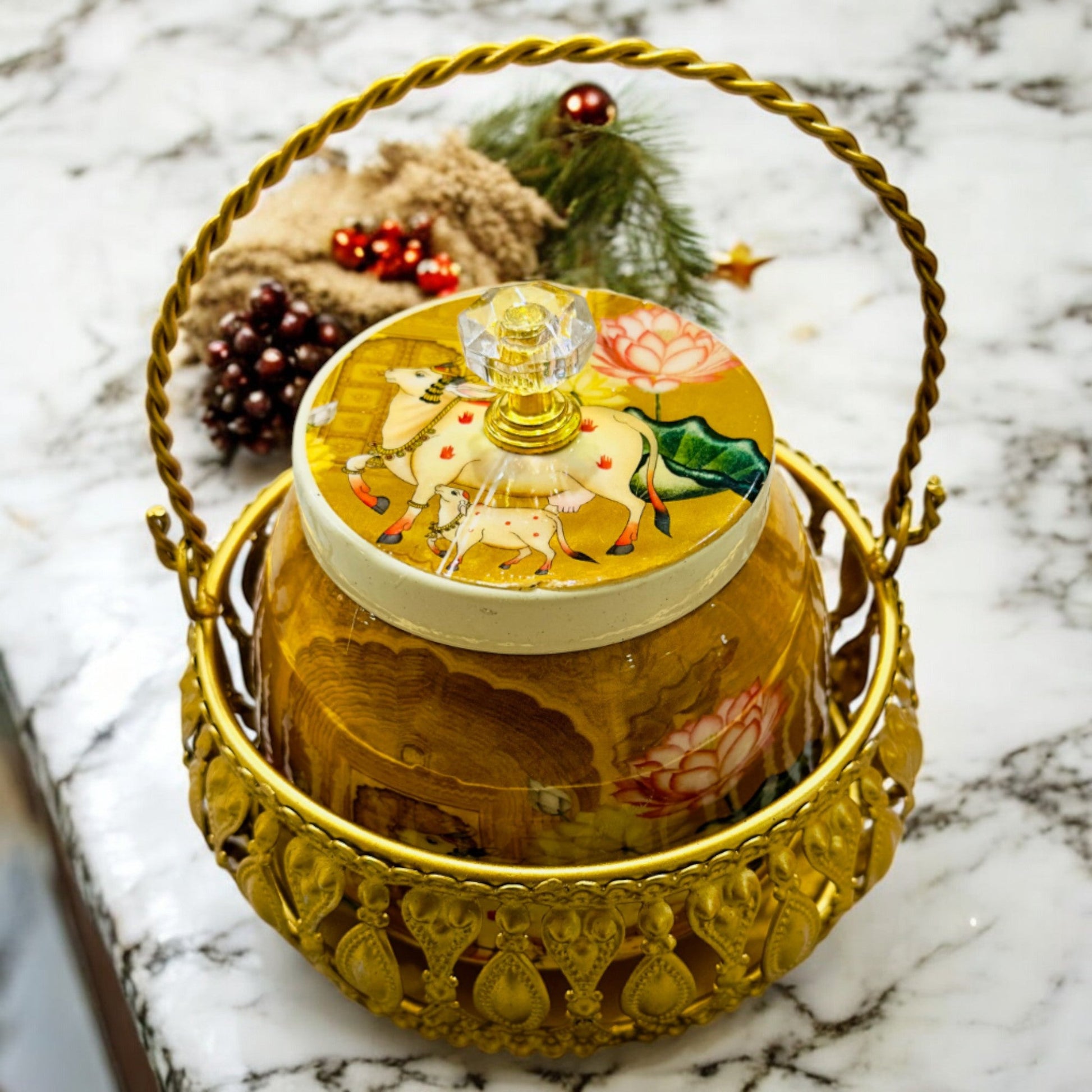 Handmade Pichwai Jar with Golden Basket | Hand-Painted Storage Jar Vanika Store