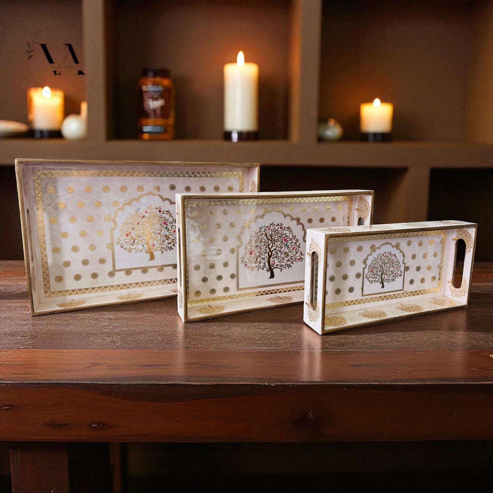 Wooden Serving Tray Set of 3 – Tree of Life Design | Decorative Nesting Trays | Tea, Coffee, Kitchen & Home Décor | Festival & Gift Vanika Creations