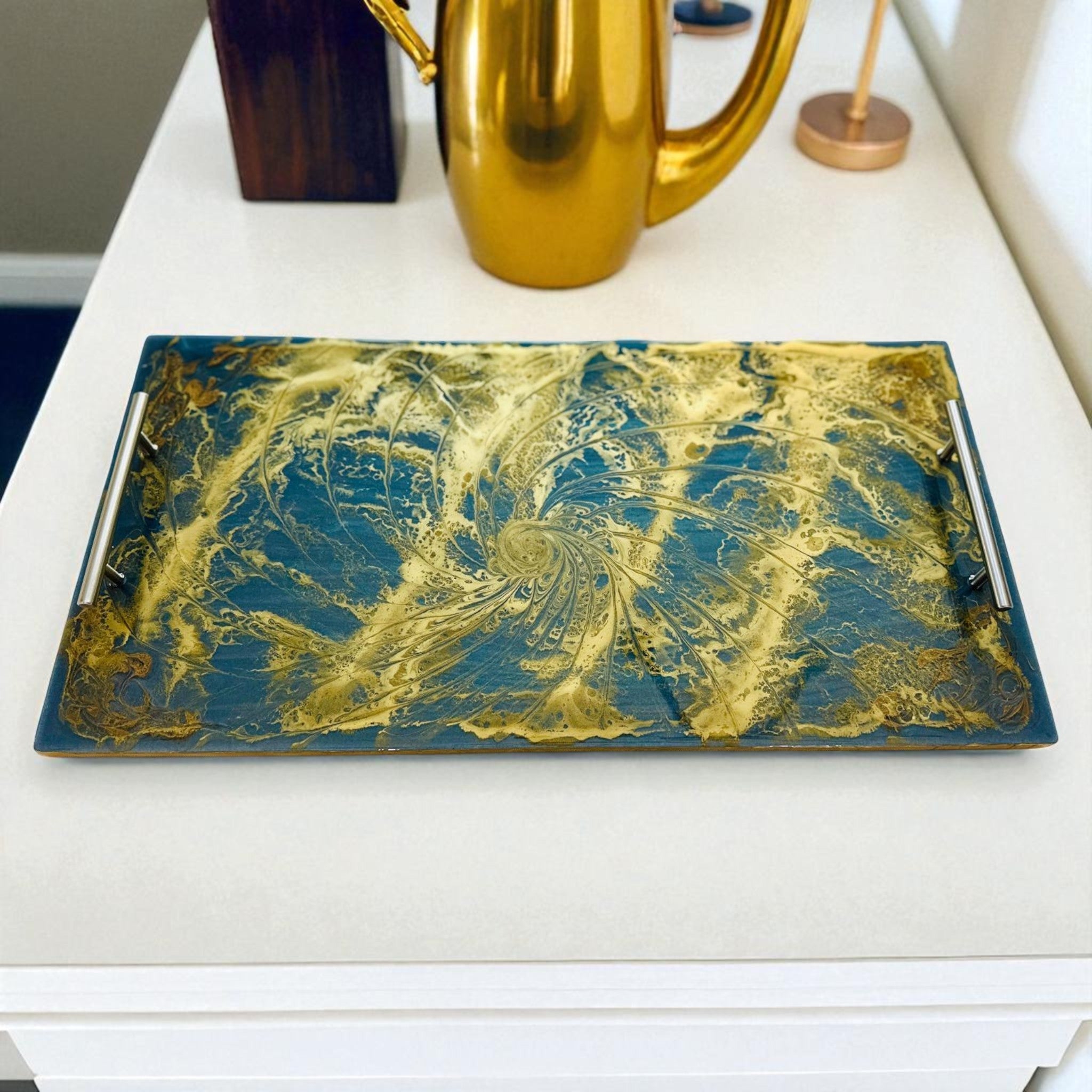 Luxury Resin Serving Tray – Gold & Teal Art on MDF Base, 24