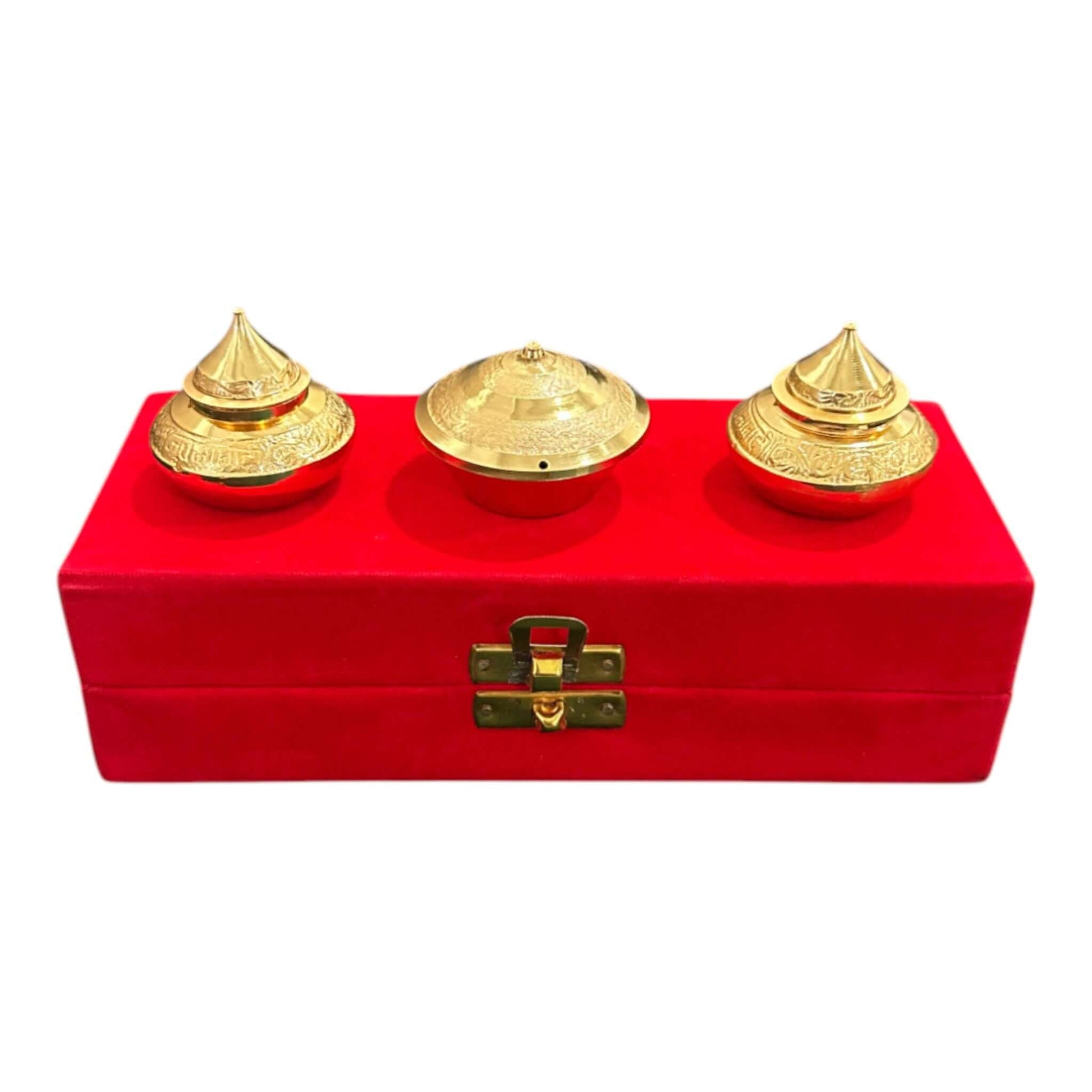 Pure Brass Haldi Kumkum Holder Set with Red Velvet Box – Traditional Pooja Accessory for Festive & Wedding Gifting - Vanika Store