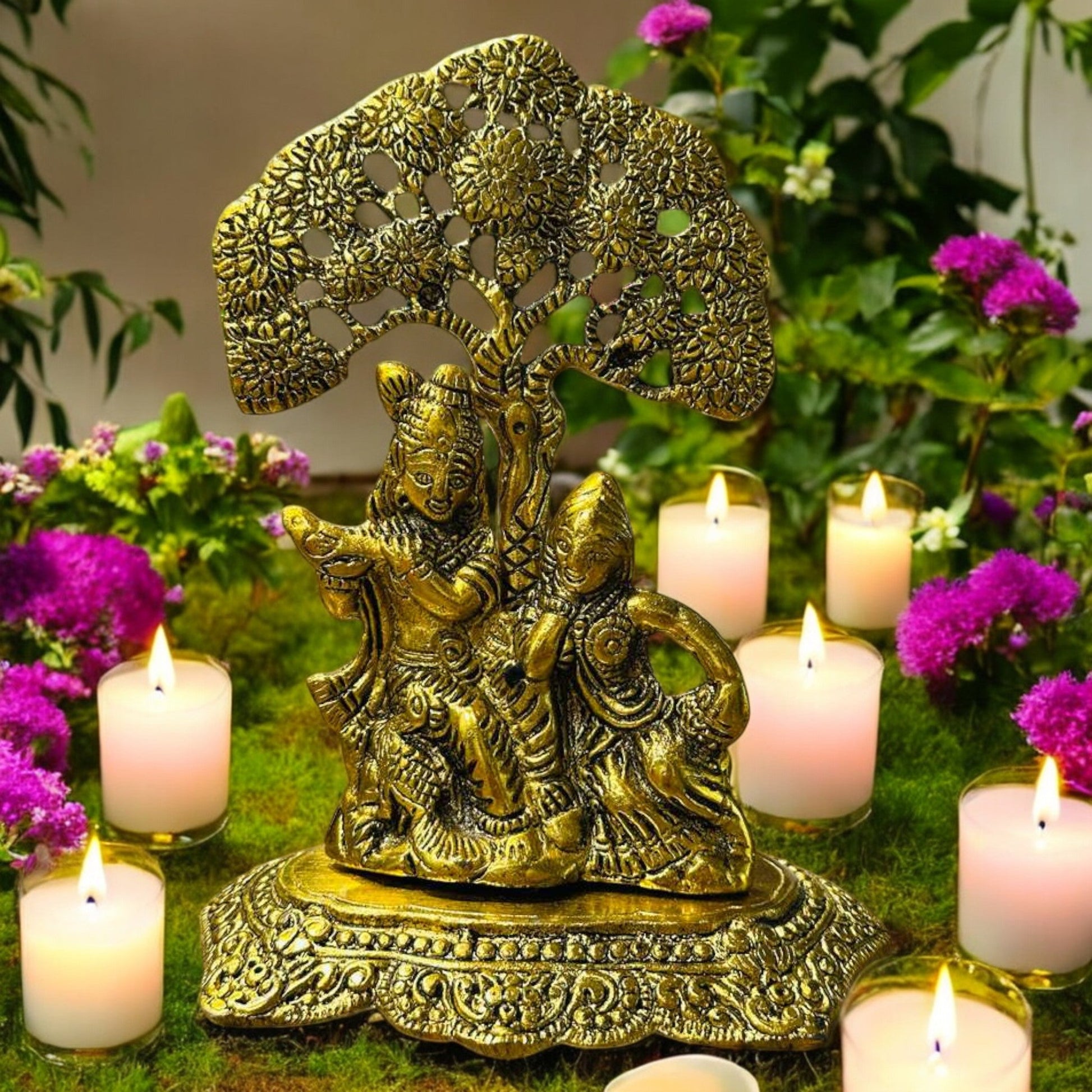 Brass Radha Krishna idol under intricate tree, beautifully detailed antique finish for home decor and spiritual gifting.