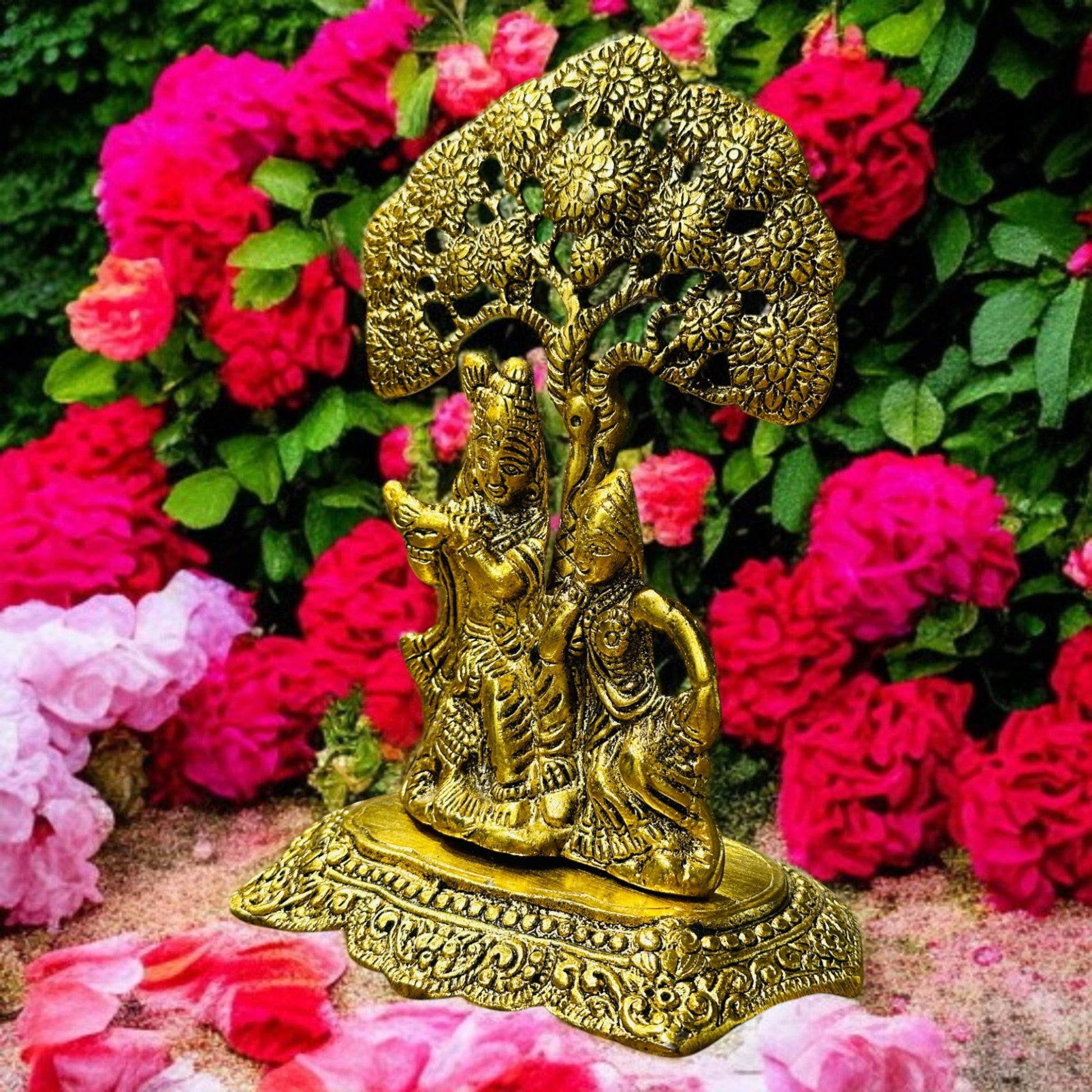 Antique finish brass Radha Krishna idol under tree, perfect for home decor and spiritual gifting.