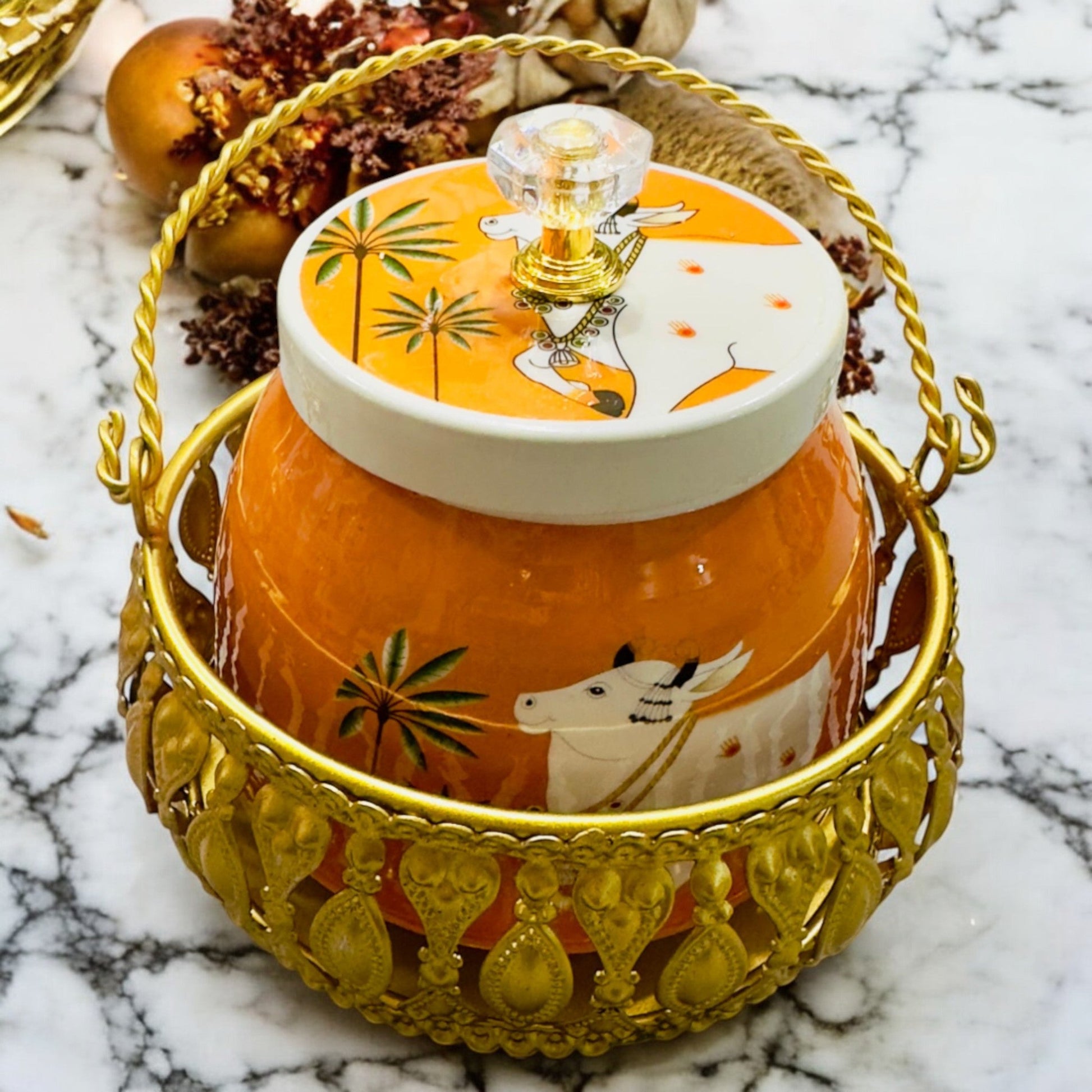 Handmade Pichwai Jar with Golden Basket | Hand-Painted Storage Jar Vanika Store