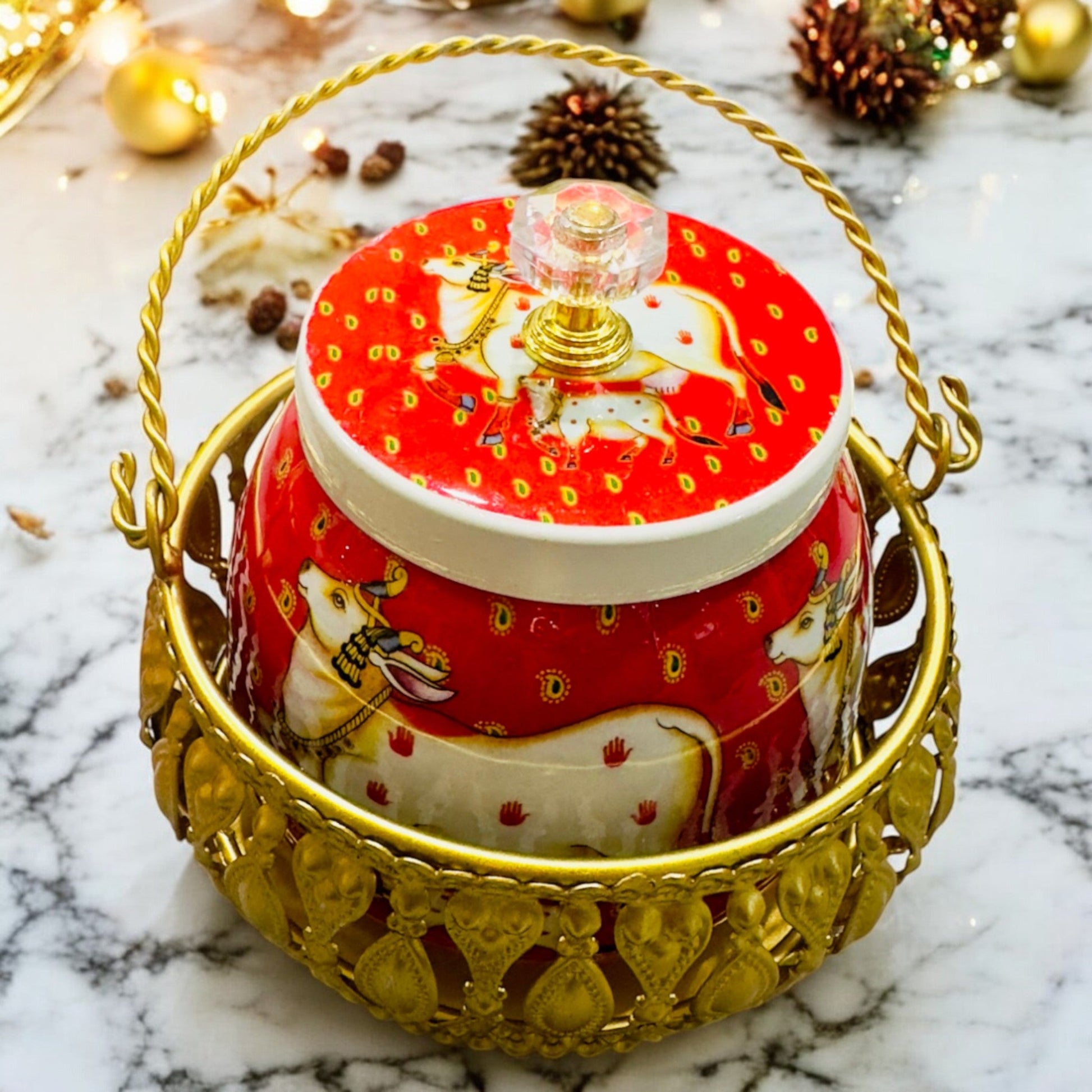 Handmade Pichwai Jar with Golden Basket | Hand-Painted Storage Jar Vanika Store