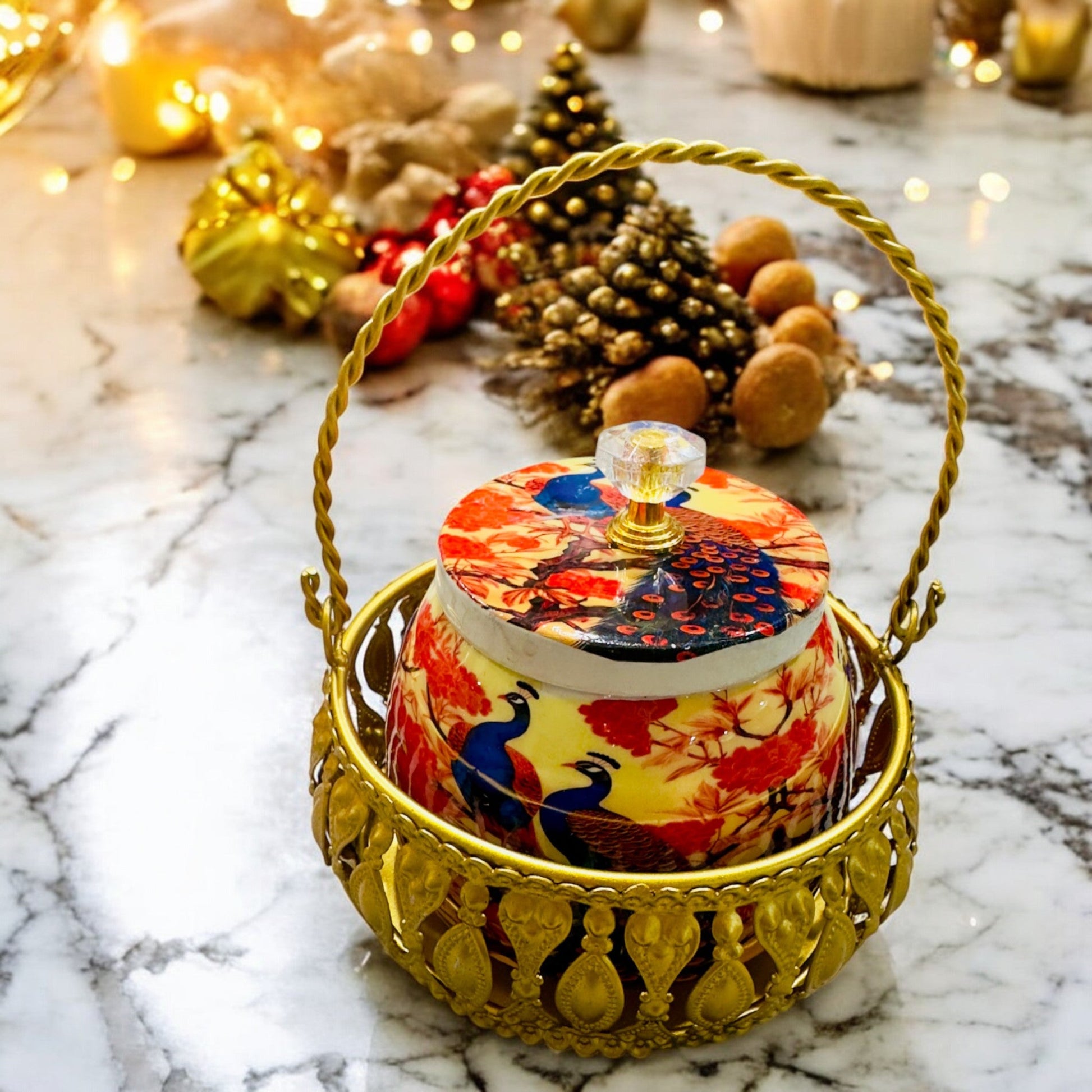 Handmade Pichwai Jar with Golden Basket | Hand-Painted Storage Jar Vanika Store