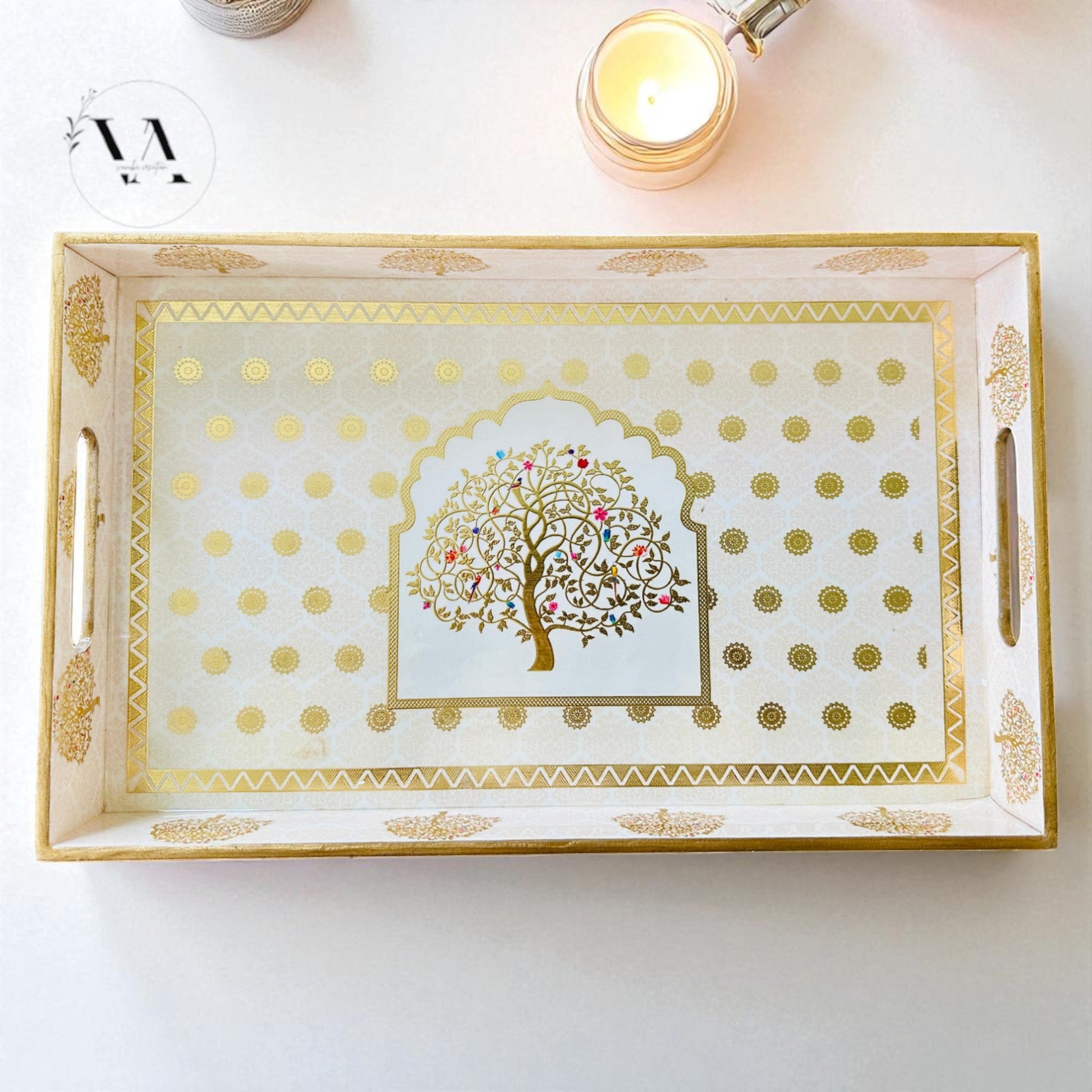 Wooden Serving Tray Set of 3 – Tree of Life Design | Decorative Nesting Trays | Tea, Coffee, Kitchen & Home Décor | Festival & Gift Vanika Creations