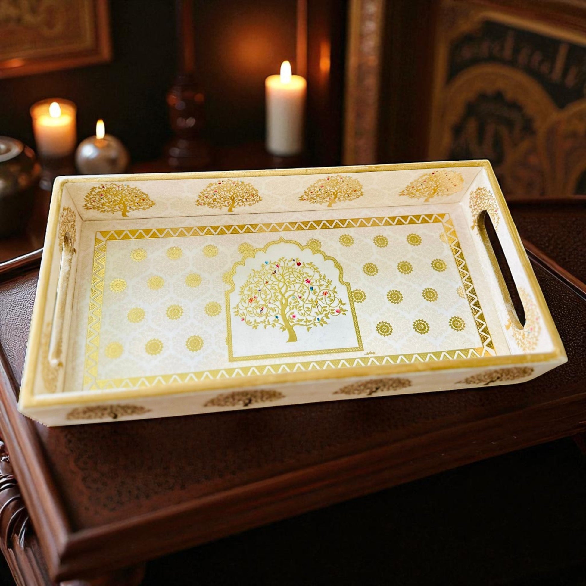 Wooden Serving Tray Set of 3 – Tree of Life Design | Decorative Nesting Trays | Tea, Coffee, Kitchen & Home Décor | Festival & Gift Vanika Creations