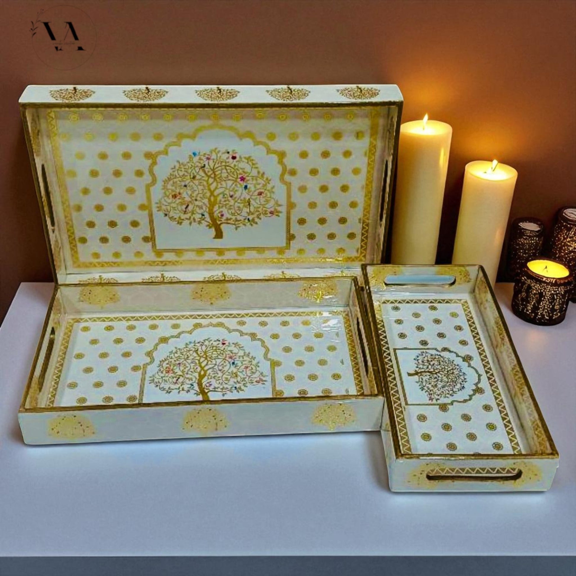 Wooden Serving Tray Set of 3 – Tree of Life Design | Decorative Nesting Trays | Tea, Coffee, Kitchen & Home Décor | Festival & Gift Vanika Creations
