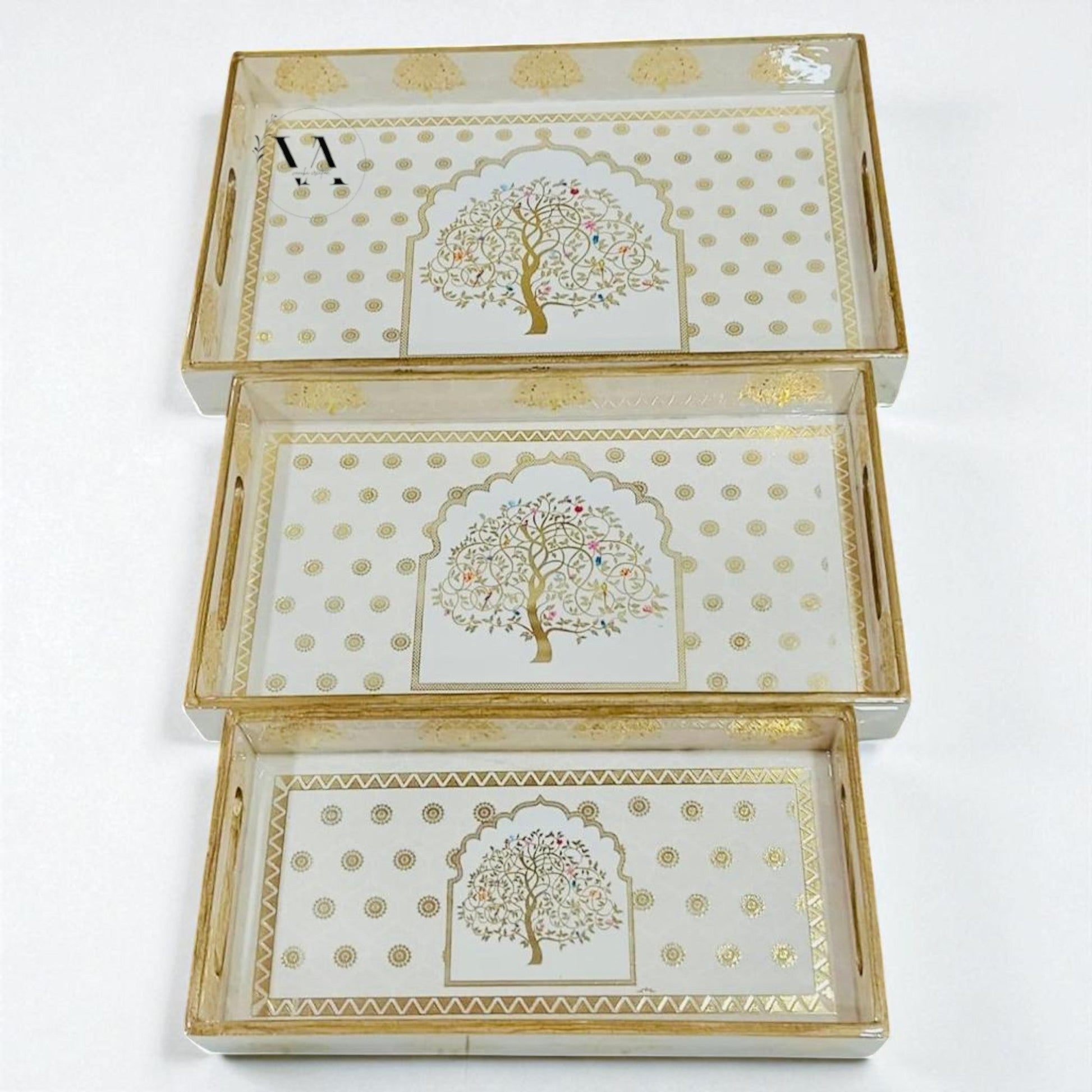 Wooden Serving Tray Set of 3 – Tree of Life Design | Decorative Nesting Trays | Tea, Coffee, Kitchen & Home Décor | Festival & Gift Vanika Creations