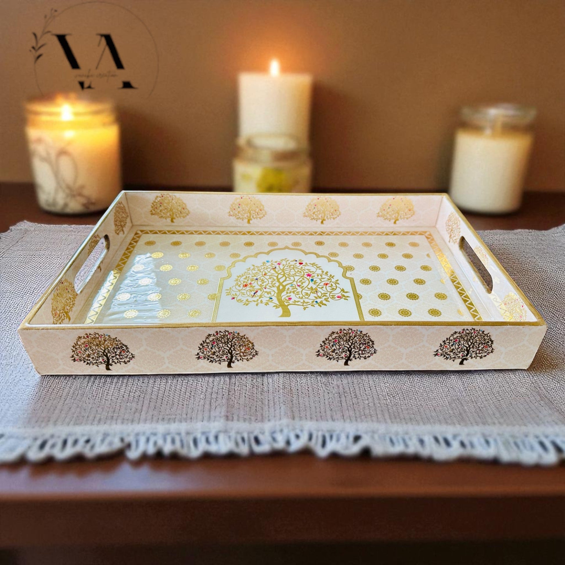 Wooden Serving Tray Set of 3 – Tree of Life Design | Decorative Nesting Trays | Tea, Coffee, Kitchen & Home Décor | Festival & Gift Vanika Creations