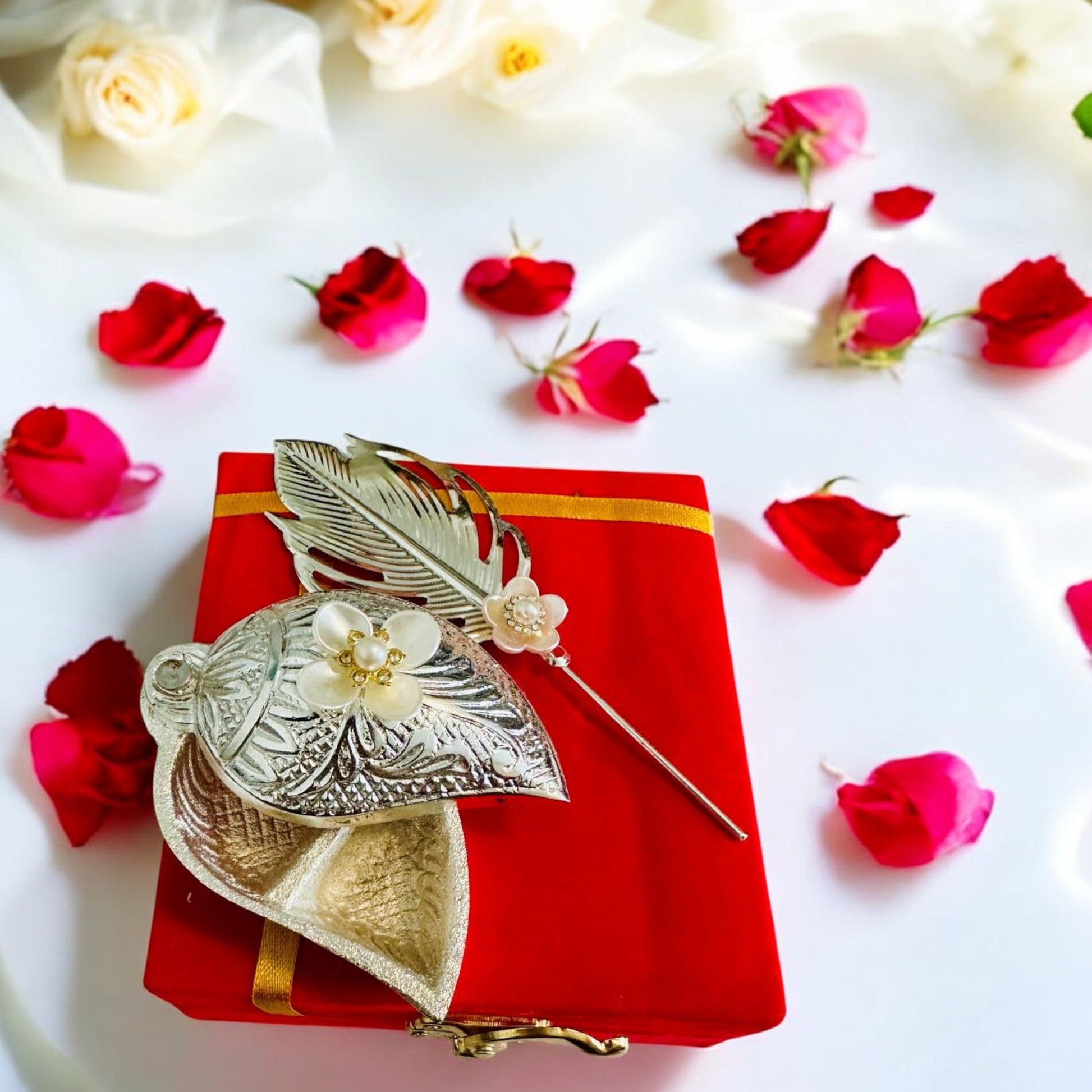 Shankh-Shaped paan box - German Silver Haldi Kumkum Box with stick(3 options) Vanika Creations