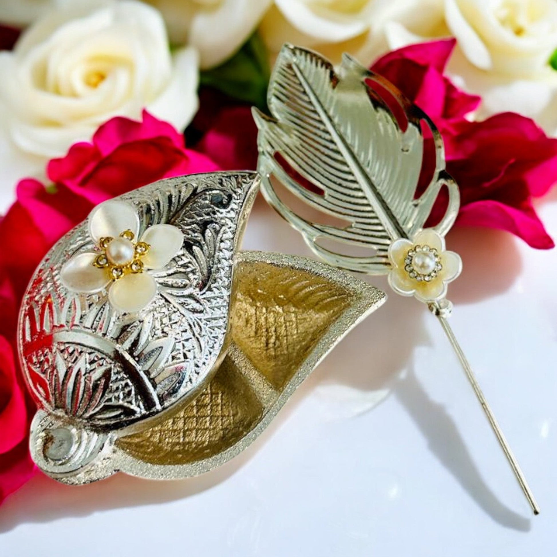 Shankh-Shaped paan box - German Silver Haldi Kumkum Box with stick(3 options) Vanika Creations