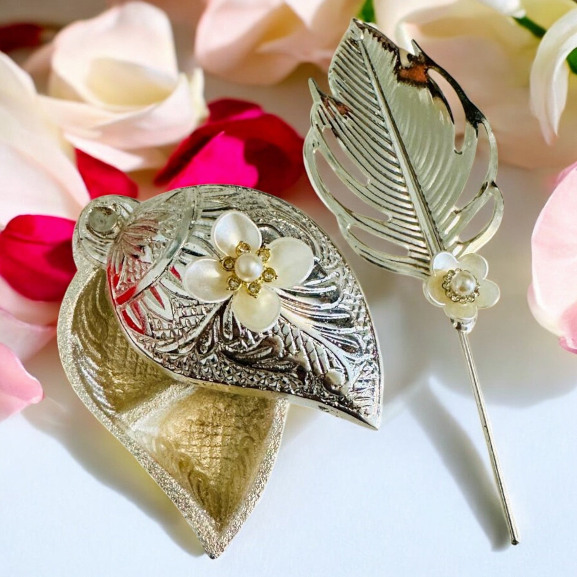 Shankh-Shaped paan box - German Silver Haldi Kumkum Box with stick(3 options) Vanika Creations